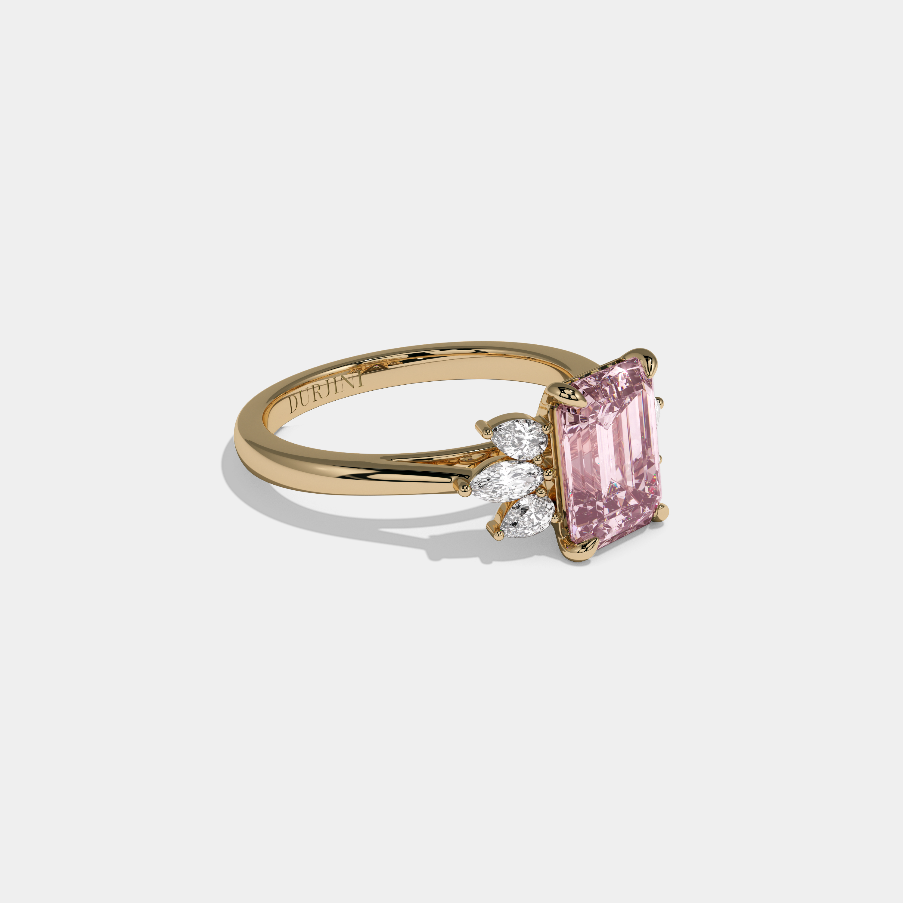 Catherine Fancy Pink Emerald Cut Diamond Plain Band With Marquise Cut Sides Engagement Ring 6ct 18K Yellow Gold