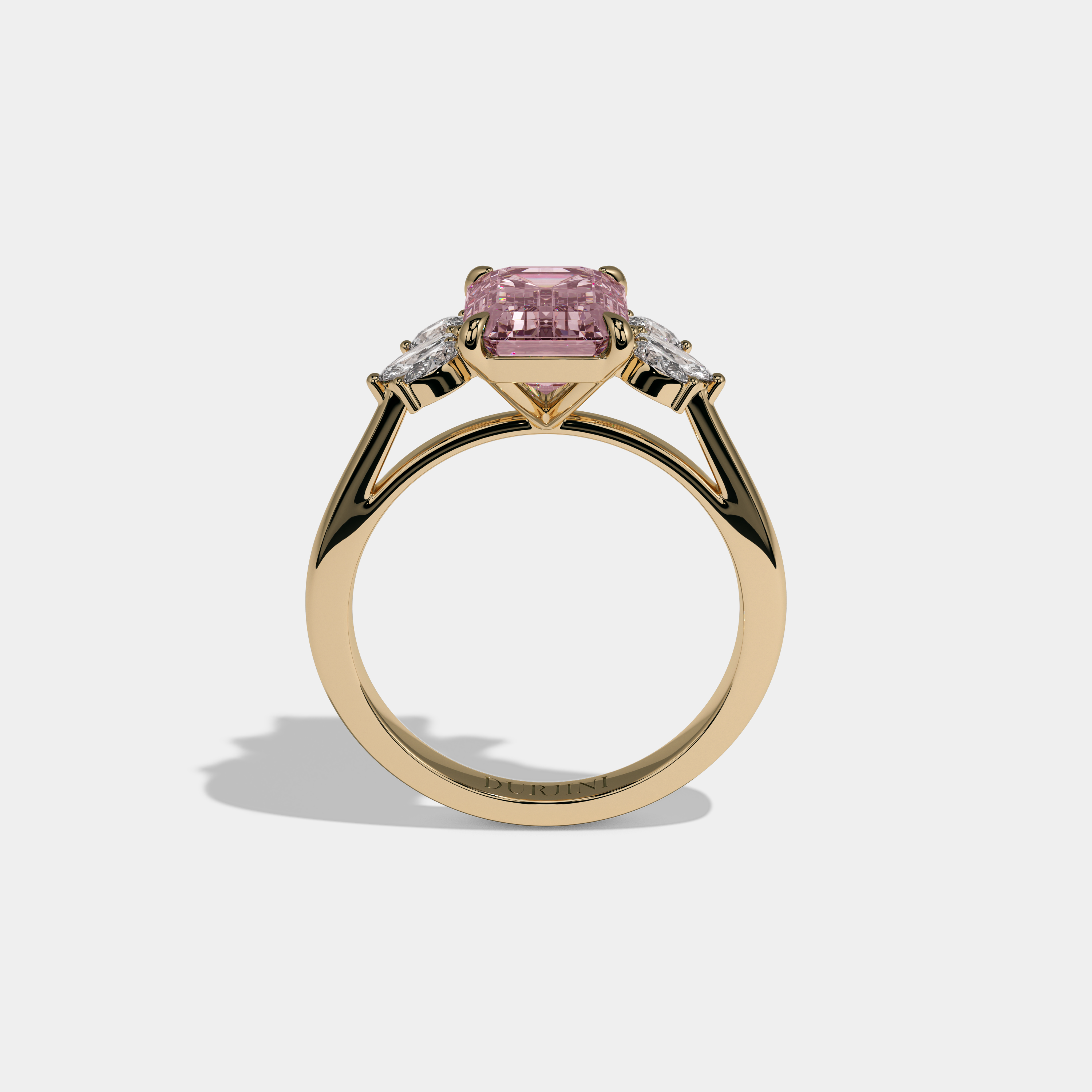Catherine Fancy Pink Emerald Cut Diamond Plain Band With Marquise Cut Sides Engagement Ring 6ct 18K Yellow Gold