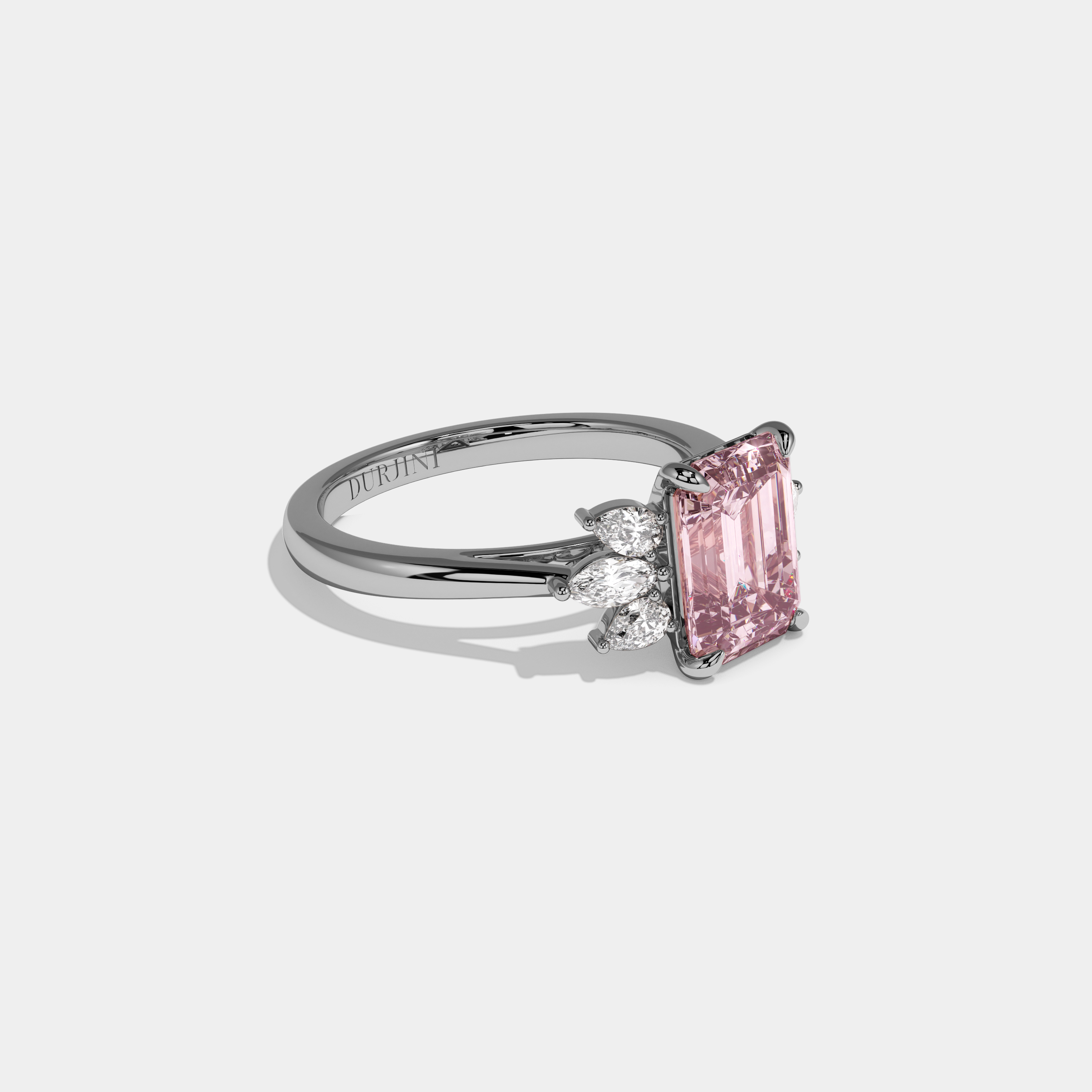 Alexandra Fancy Pink Emerald Cut Diamond Plain Band With Marquise Cut Sides Engagement Ring 6ct 18K White Gold