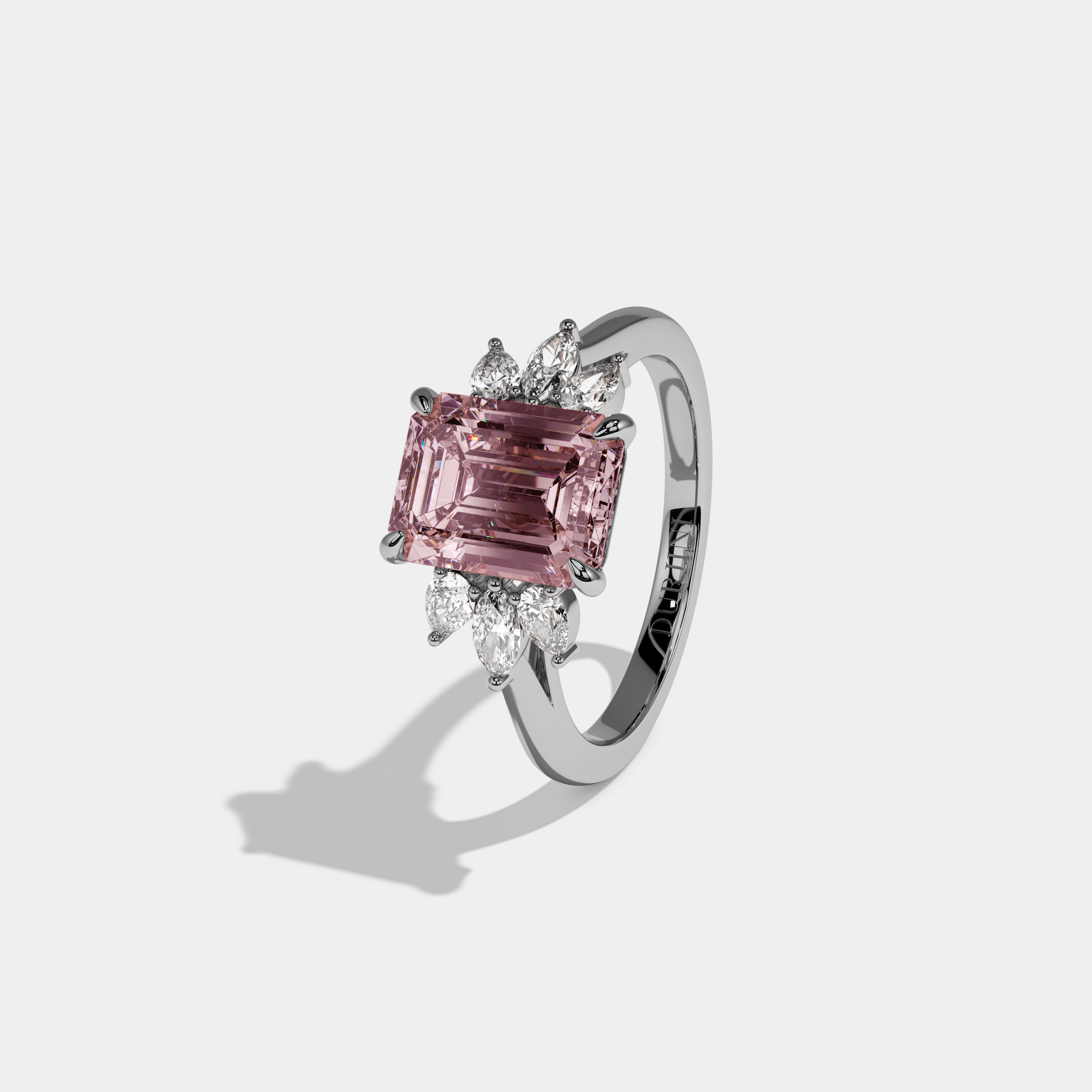 Alexandra Fancy Pink Emerald Cut Diamond Plain Band With Marquise Cut Sides Engagement Ring 6ct 18K White Gold