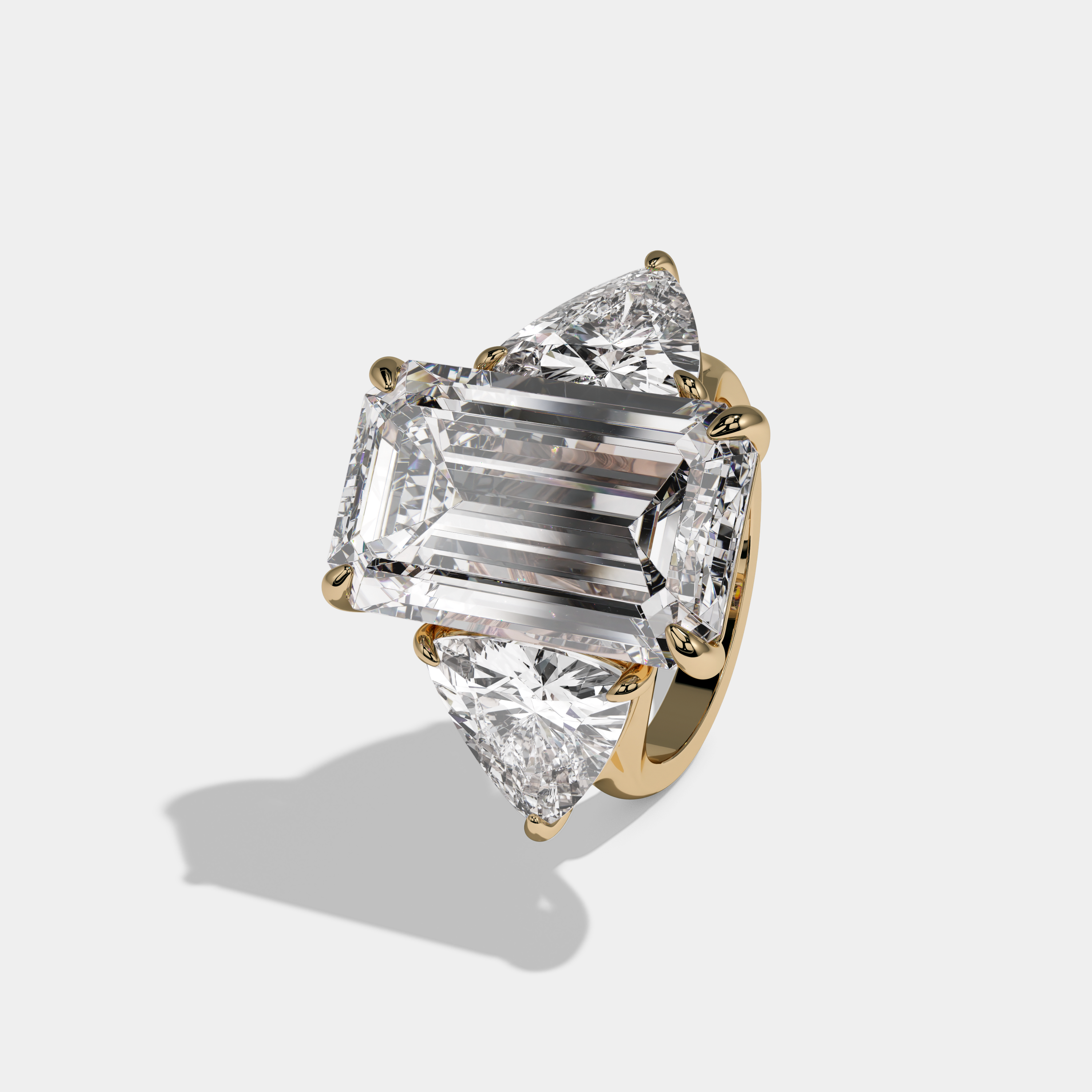 Harriet Emerald Cut Diamond Plain Band With Trillion Sides Engagement Ring 10ct 18K Yellow Gold