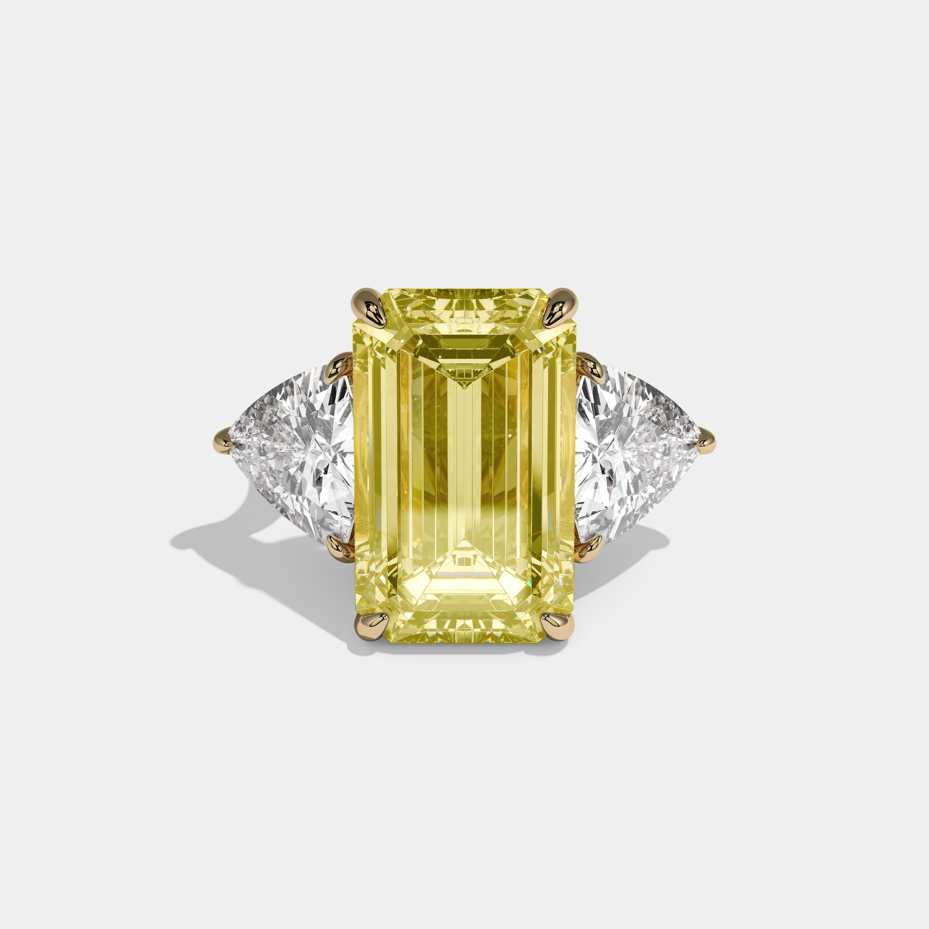 Victoria Fancy Yellow Emerald Cut Diamond Plain Band With Trillion Sides Engagement Ring 10ct 18K Yellow Gold