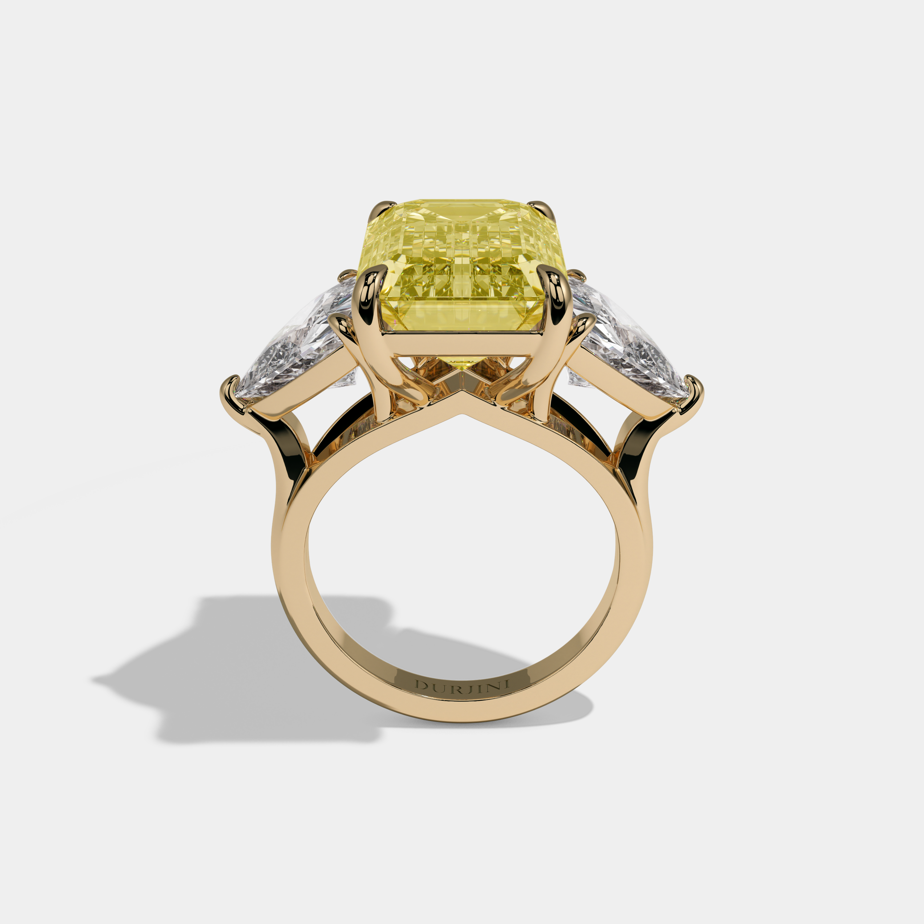 Victoria Fancy Yellow Emerald Cut Diamond Plain Band With Trillion Sides Engagement Ring 10ct 18K Yellow Gold
