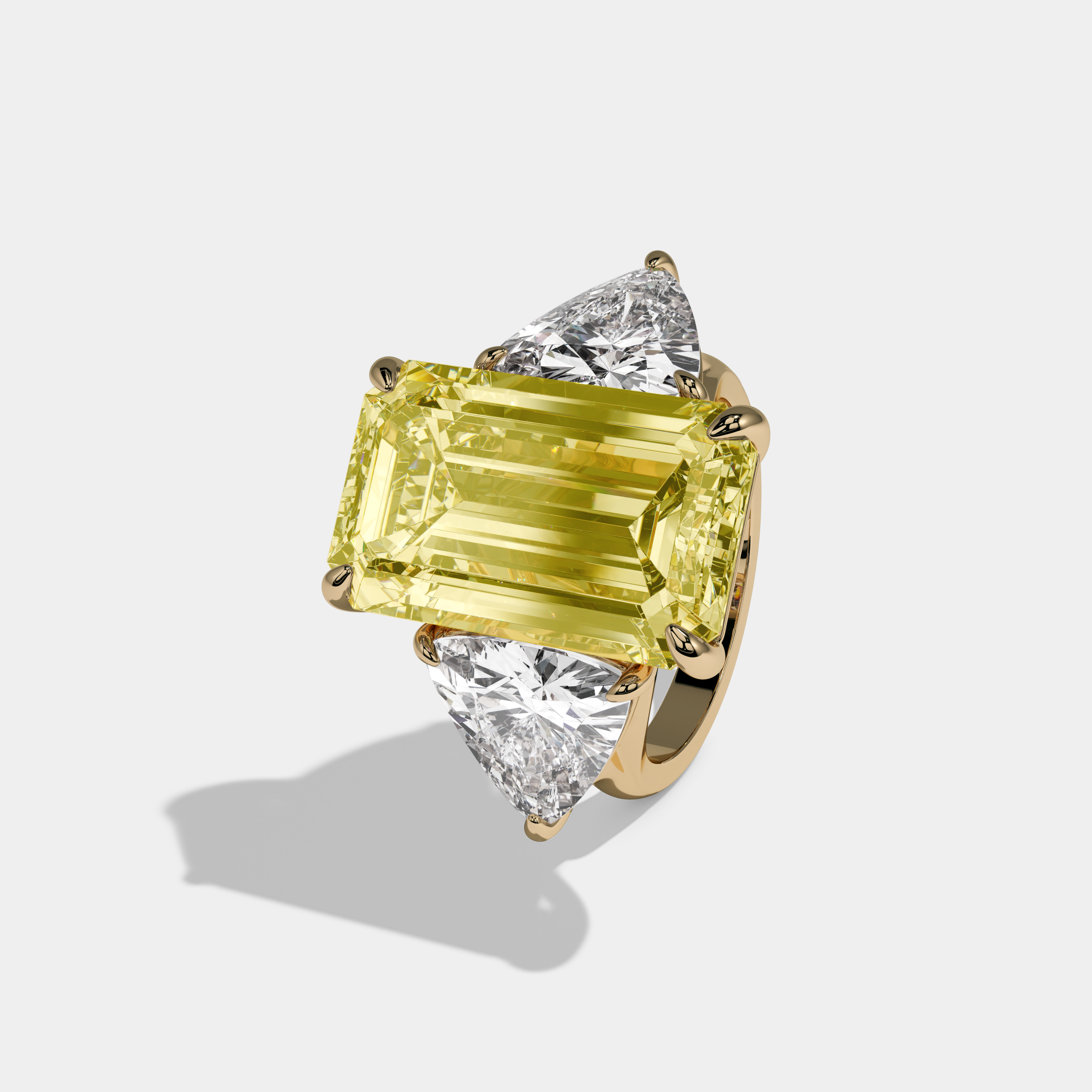 Victoria Fancy Yellow Emerald Cut Diamond Plain Band With Trillion Sides Engagement Ring 10ct 18K Yellow Gold