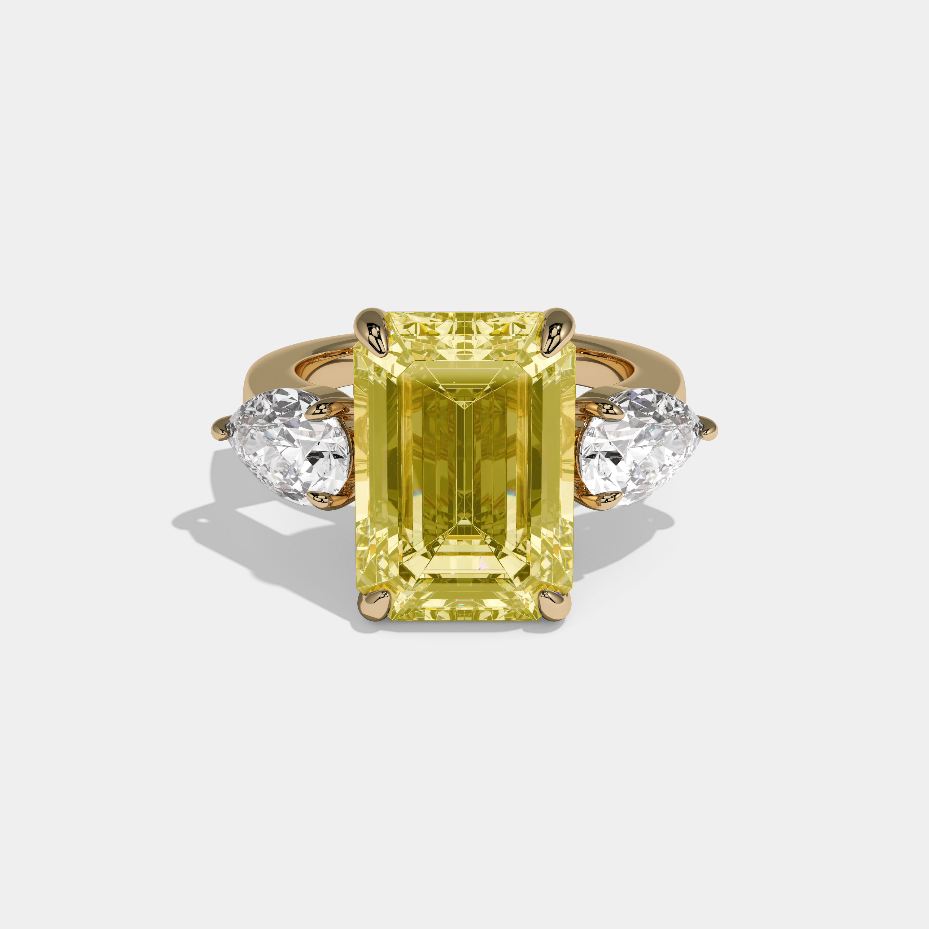 Charlotte Fancy Yellow Emerald Cut Diamond Plain Band With Pear Sides Engagement Ring 8ct 18K Yellow Gold