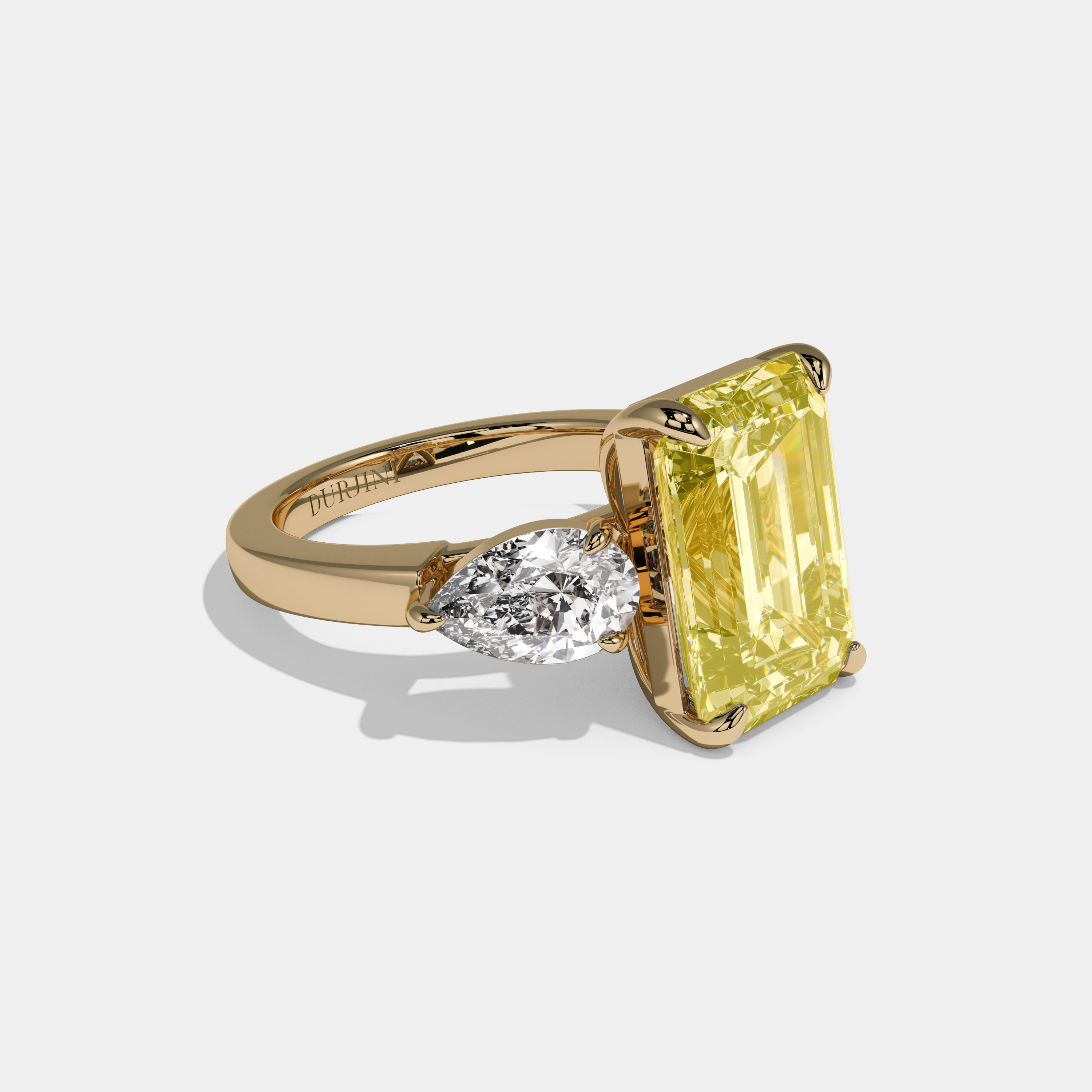 Charlotte Fancy Yellow Emerald Cut Diamond Plain Band With Pear Sides Engagement Ring 8ct 18K Yellow Gold