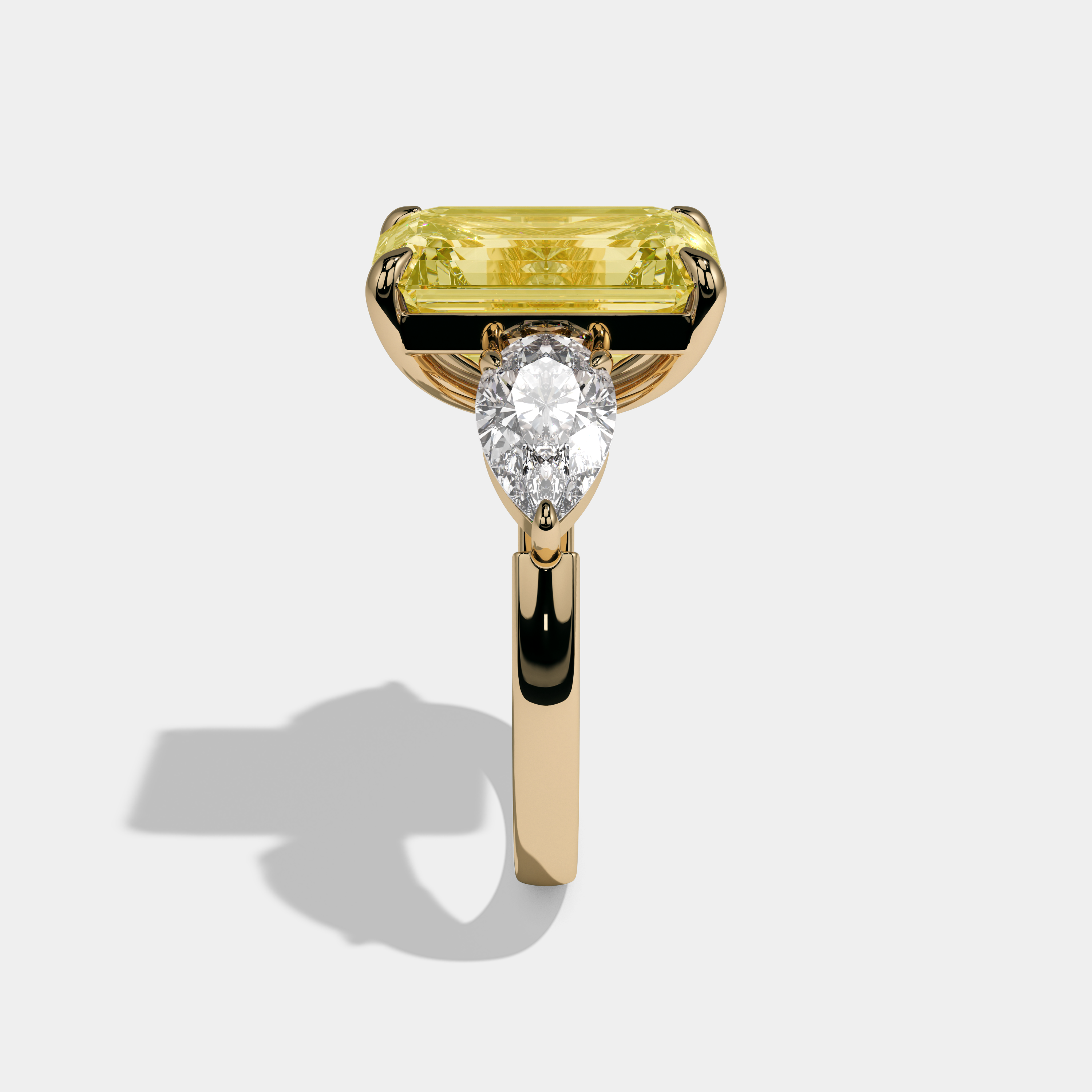 Charlotte Fancy Yellow Emerald Cut Diamond Plain Band With Pear Sides Engagement Ring 8ct 18K Yellow Gold