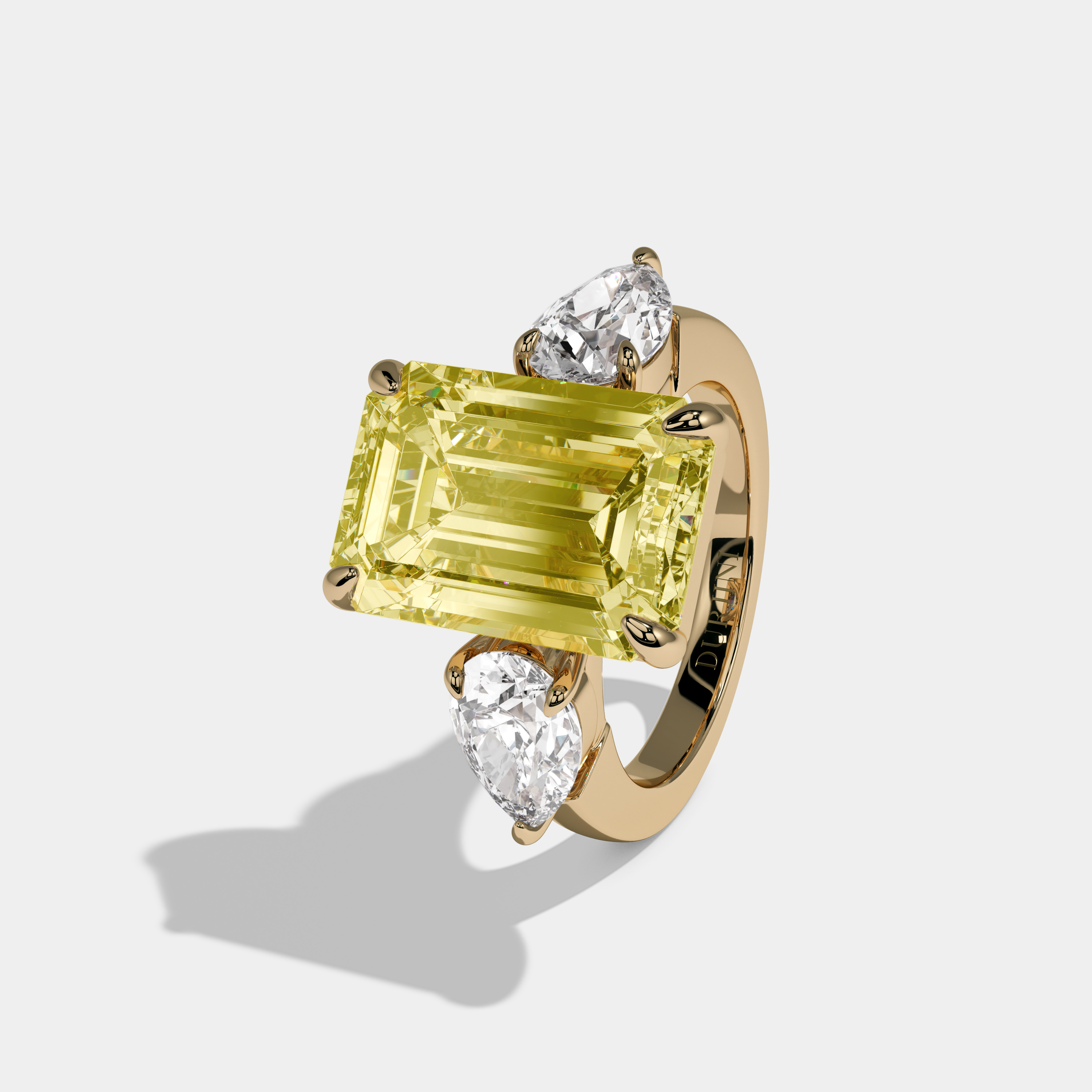 Charlotte Fancy Yellow Emerald Cut Diamond Plain Band With Pear Sides Engagement Ring 8ct 18K Yellow Gold