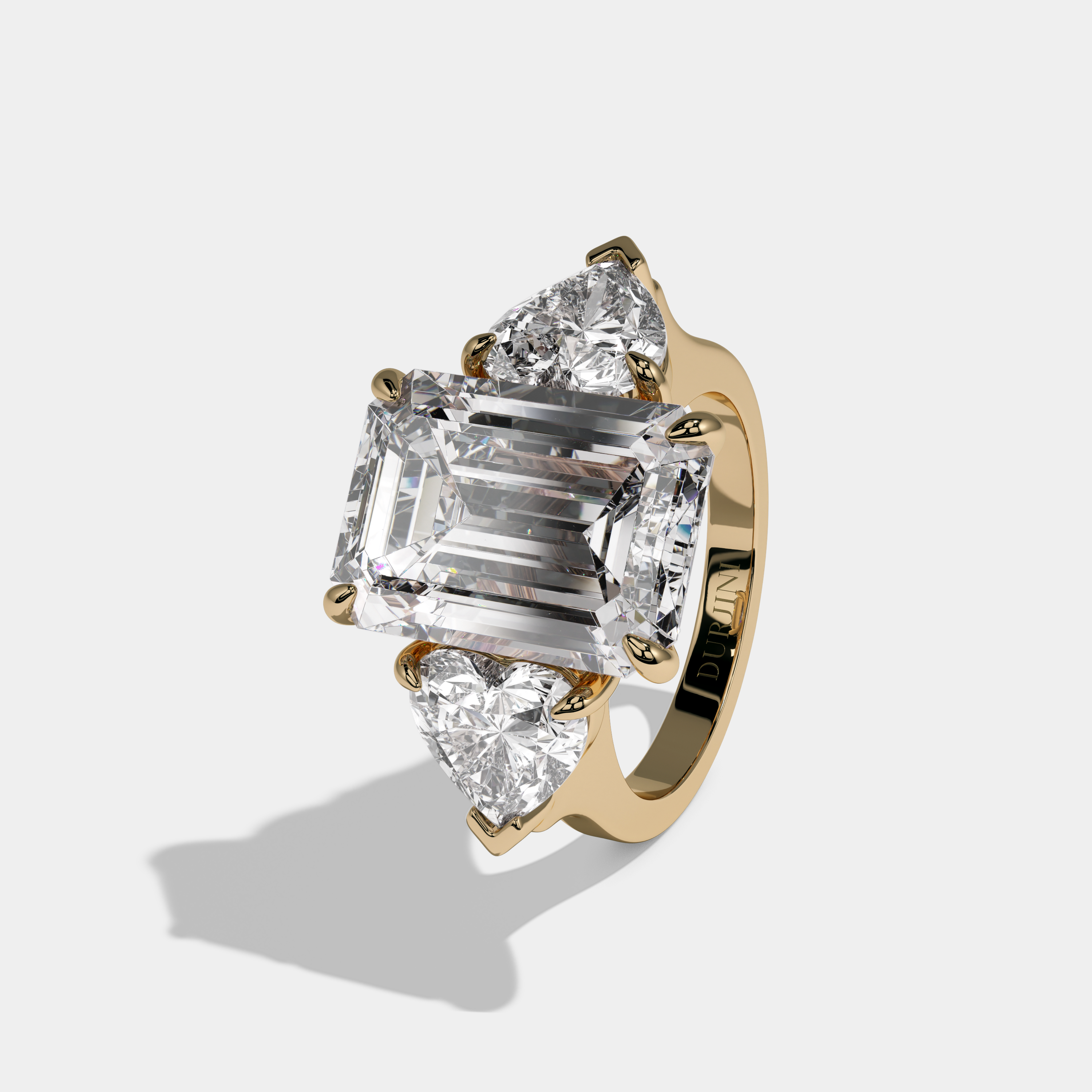 Joan Emerald Cut Diamond Plain Band With Heart Brilliant Sides Engagement Ring 10ct 18K Yellow Gold