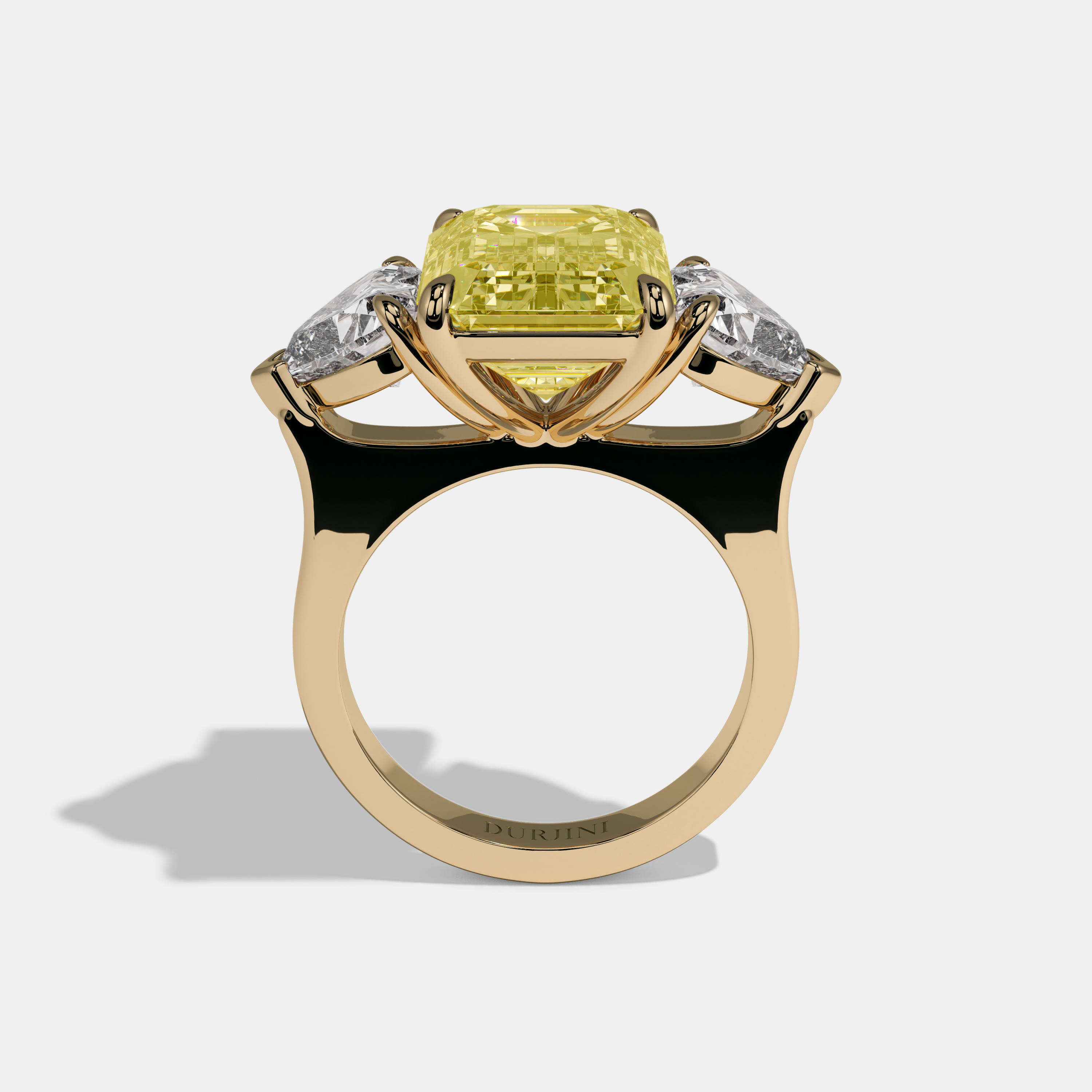 Victoria Fancy Yellow Emerald Cut Diamond Plain Band With Heart Brilliant Sides Engagement Ring 10ct 18K Yellow Gold