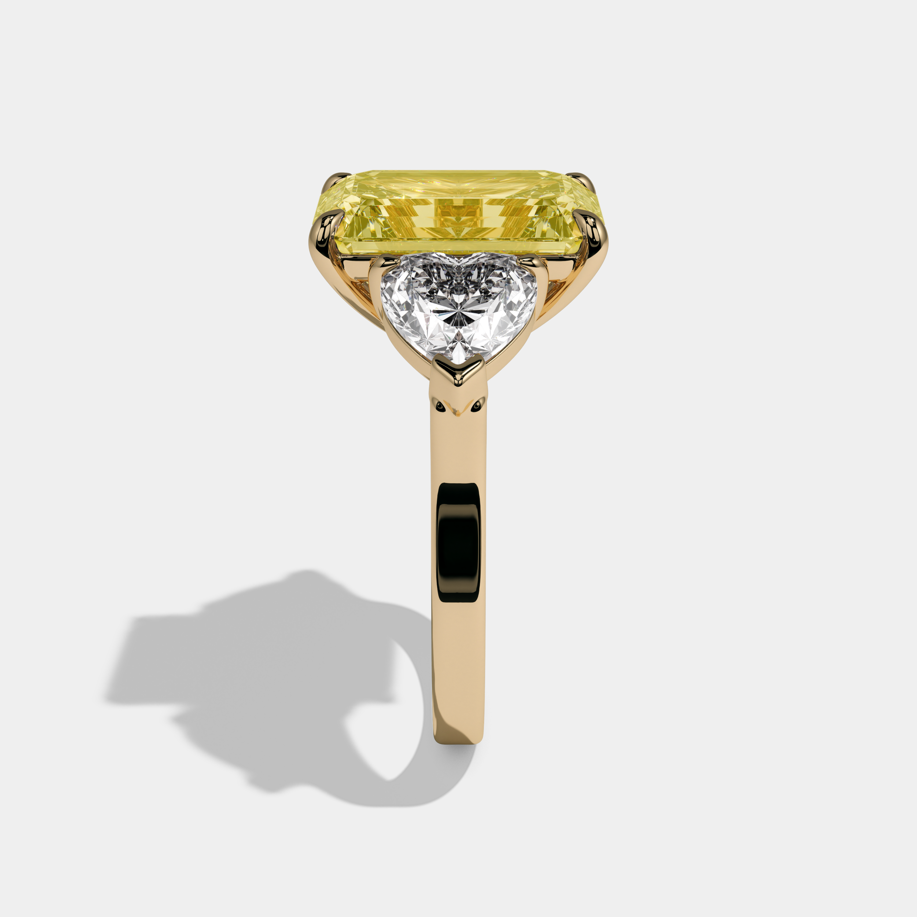 Victoria Fancy Yellow Emerald Cut Diamond Plain Band With Heart Brilliant Sides Engagement Ring 10ct 18K Yellow Gold