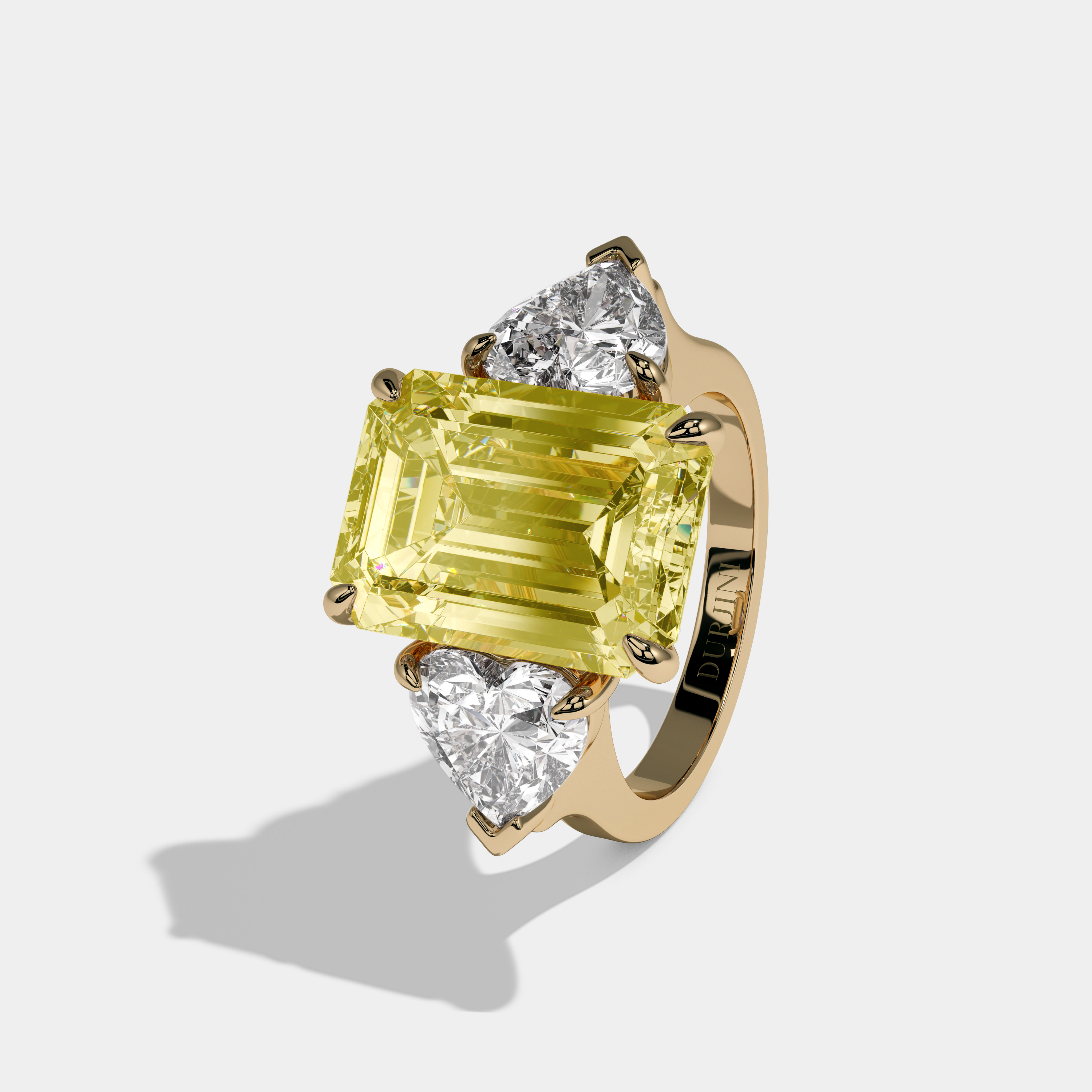 Victoria Fancy Yellow Emerald Cut Diamond Plain Band With Heart Brilliant Sides Engagement Ring 10ct 18K Yellow Gold