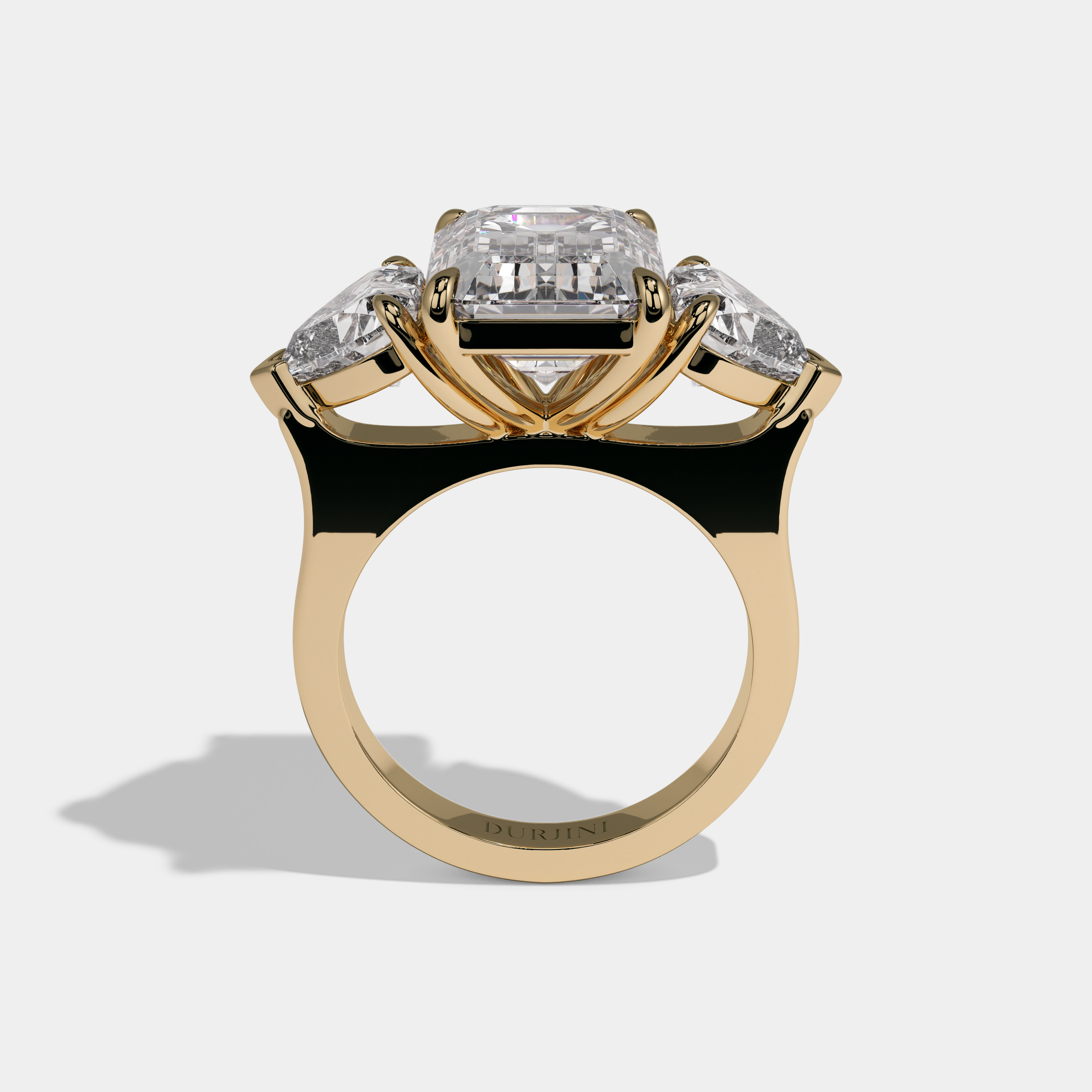 Elisabeth Emerald Cut Diamond Plain Band With Heart Sides Engagement Ring 10ct 18K Yellow Gold