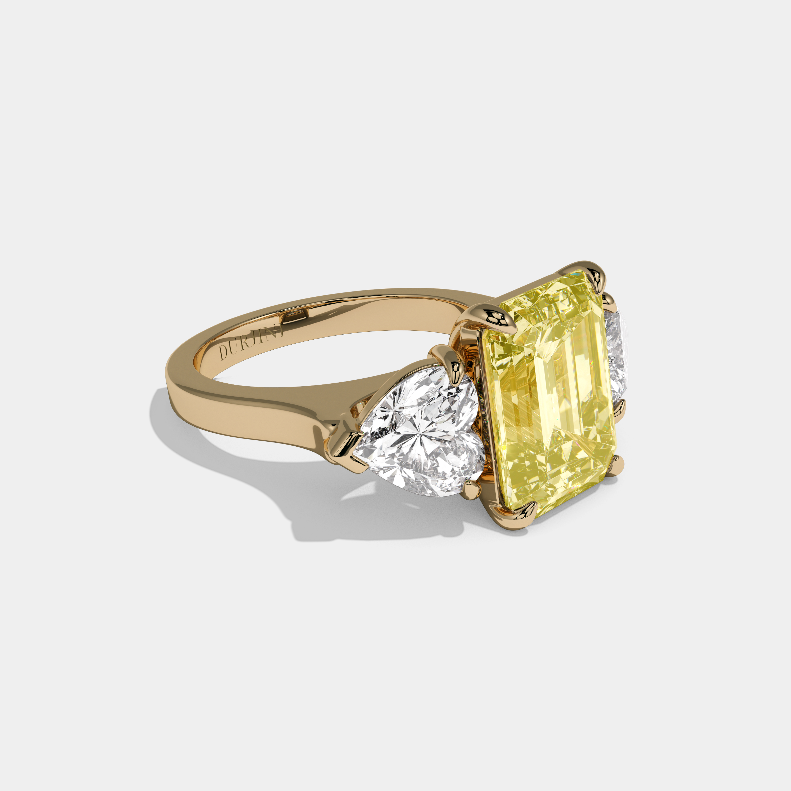 Charlotte Fancy Yellow Emerald Cut Diamond Plain Band With Heart Sides Engagement Ring 10ct 18K Yellow Gold