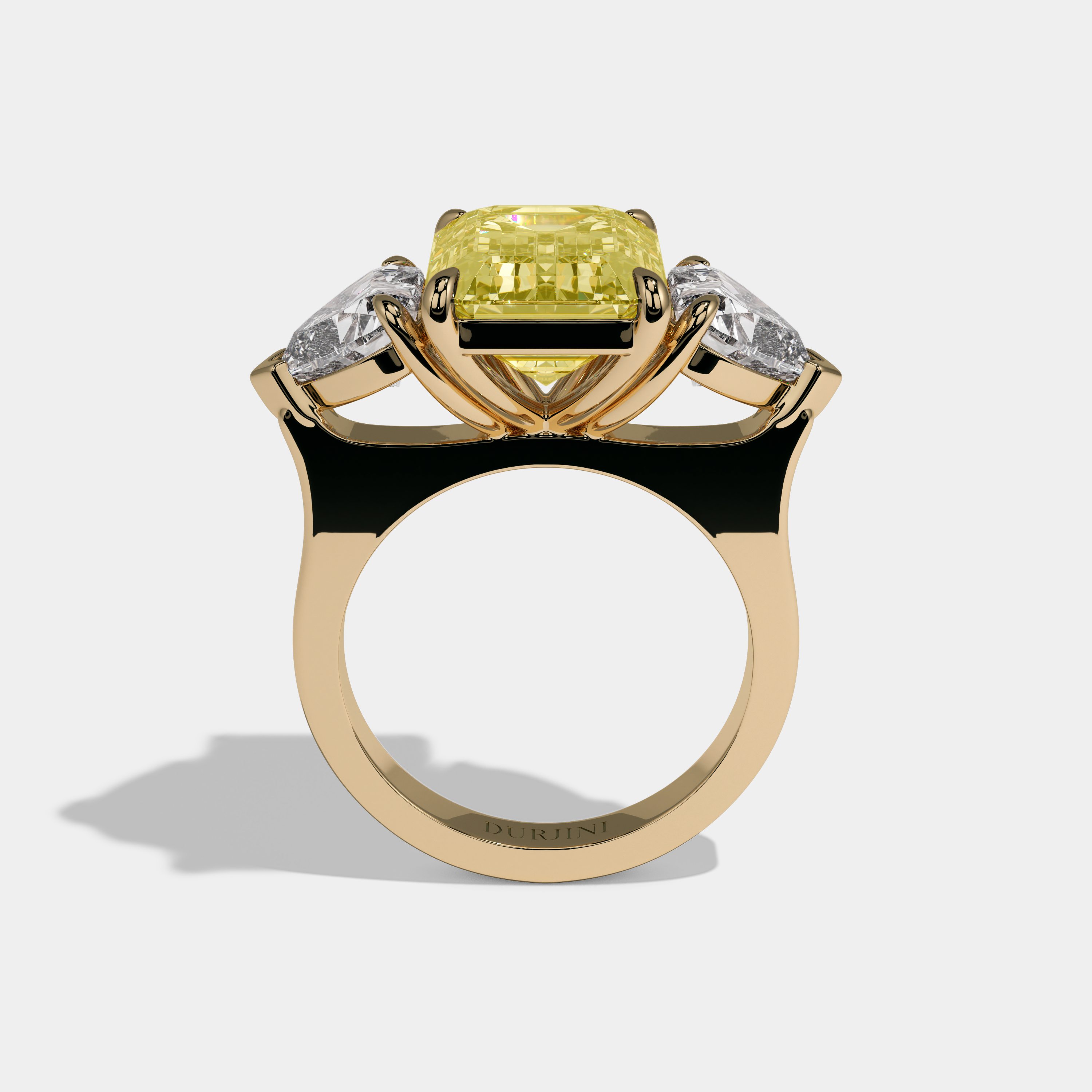 Charlotte Fancy Yellow Emerald Cut Diamond Plain Band With Heart Sides Engagement Ring 10ct 18K Yellow Gold