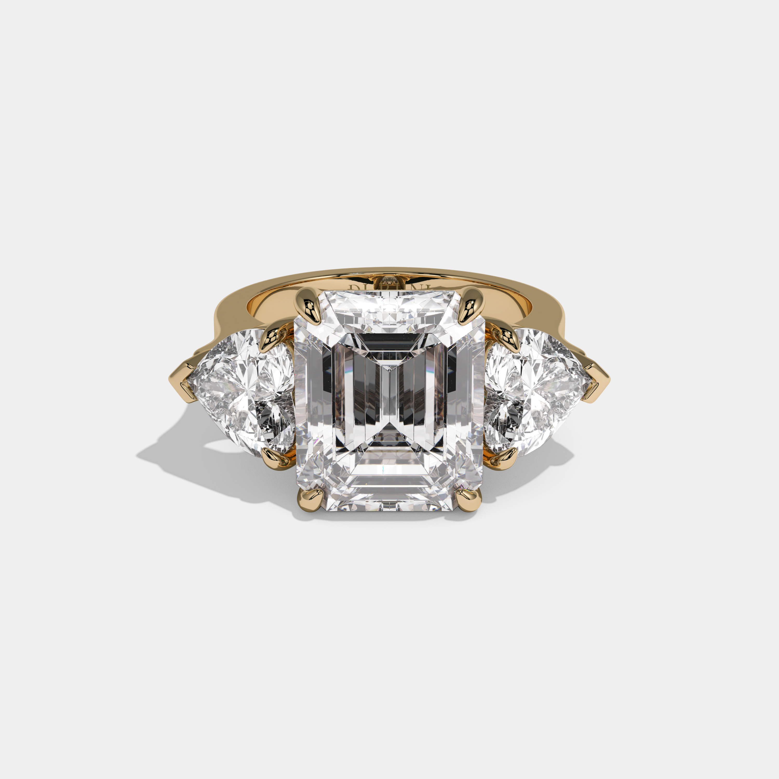 Marina Emerald Cut Diamond Plain Band With Heart Brilliant Sides Engagement Ring 8ct 18K Yellow Gold