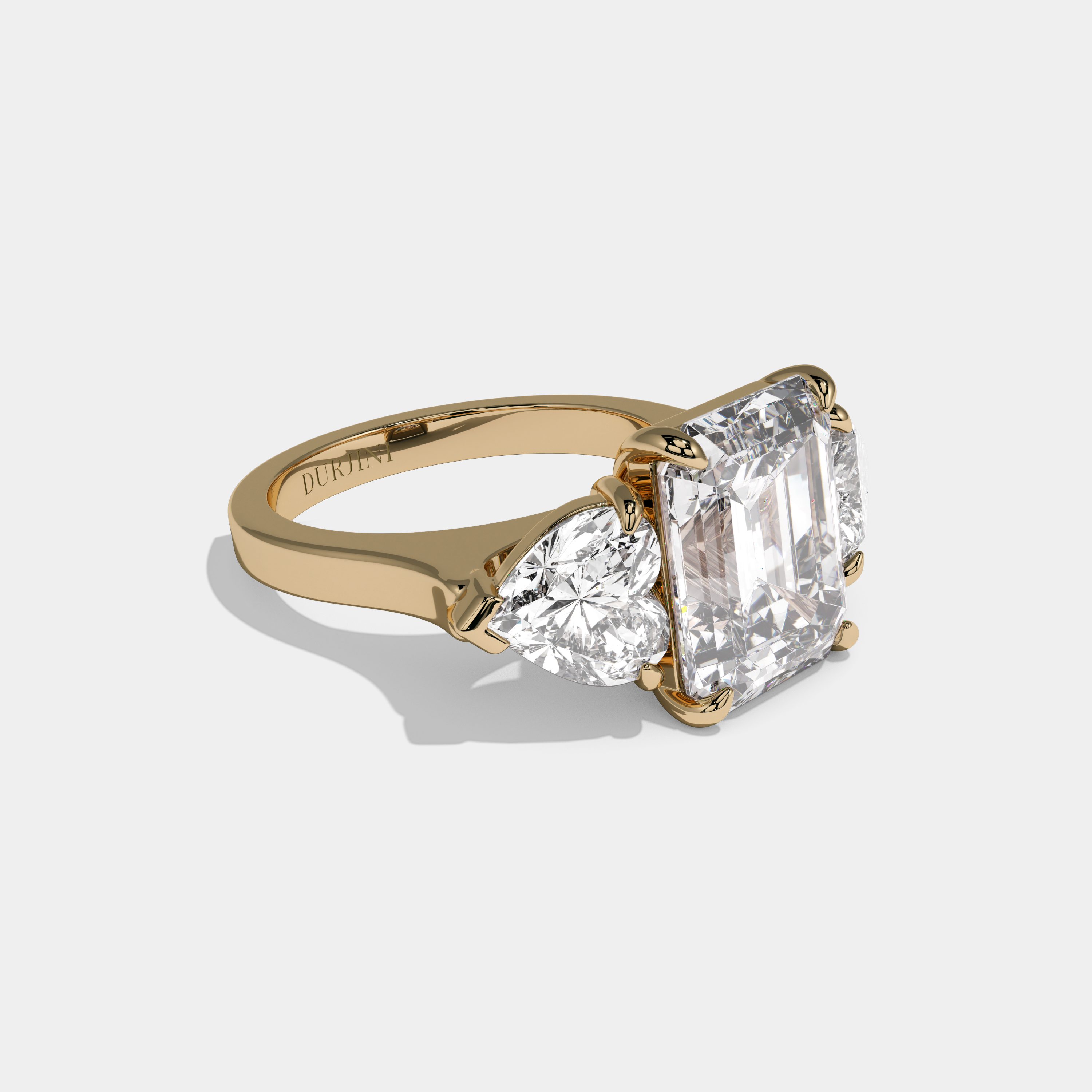 Marina Emerald Cut Diamond Plain Band With Heart Brilliant Sides Engagement Ring 8ct 18K Yellow Gold