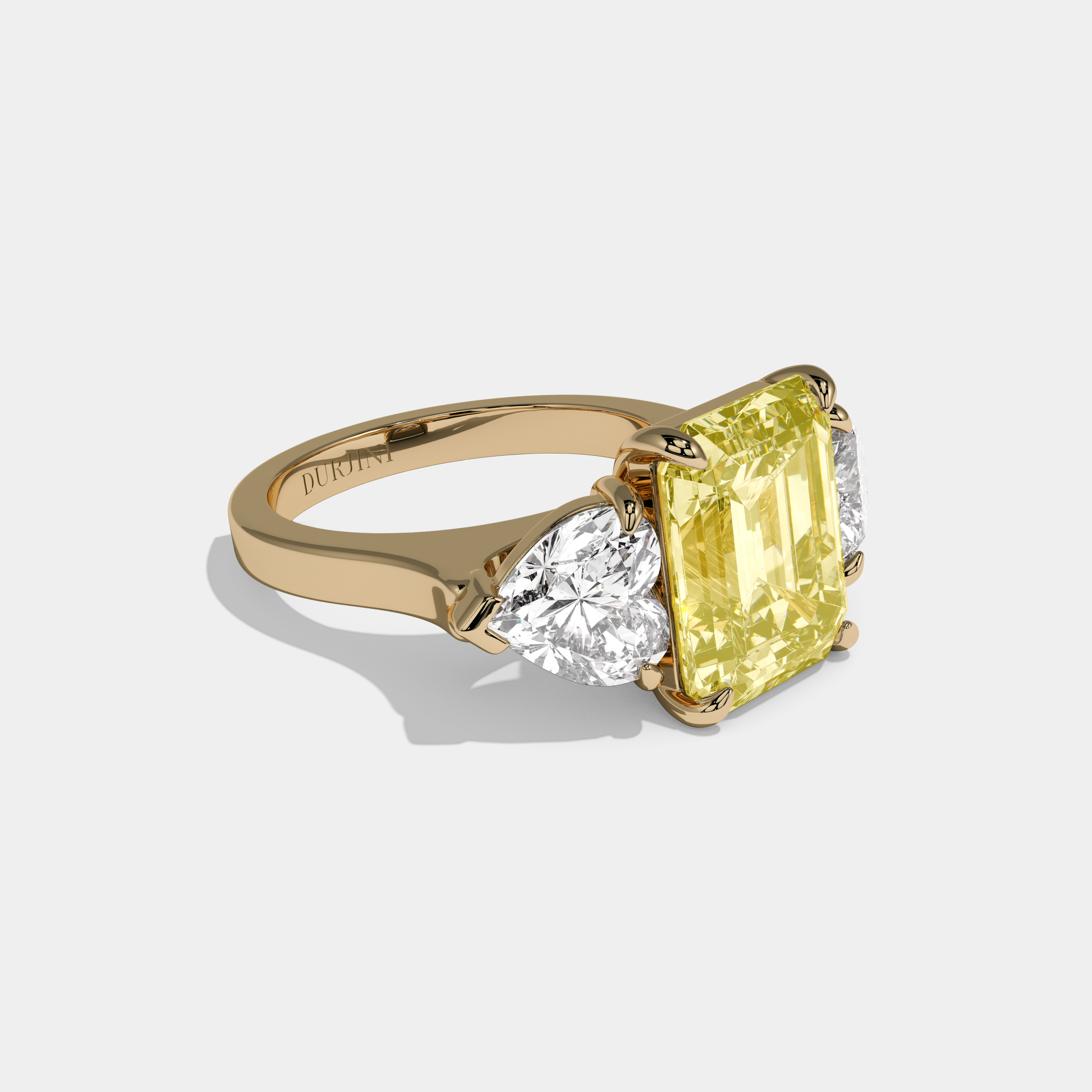 Elizabeth Fancy Yellow Emerald Cut Diamond Plain Band With Heart Brilliant Sides Engagement Ring 8ct 18k Yellow Gold