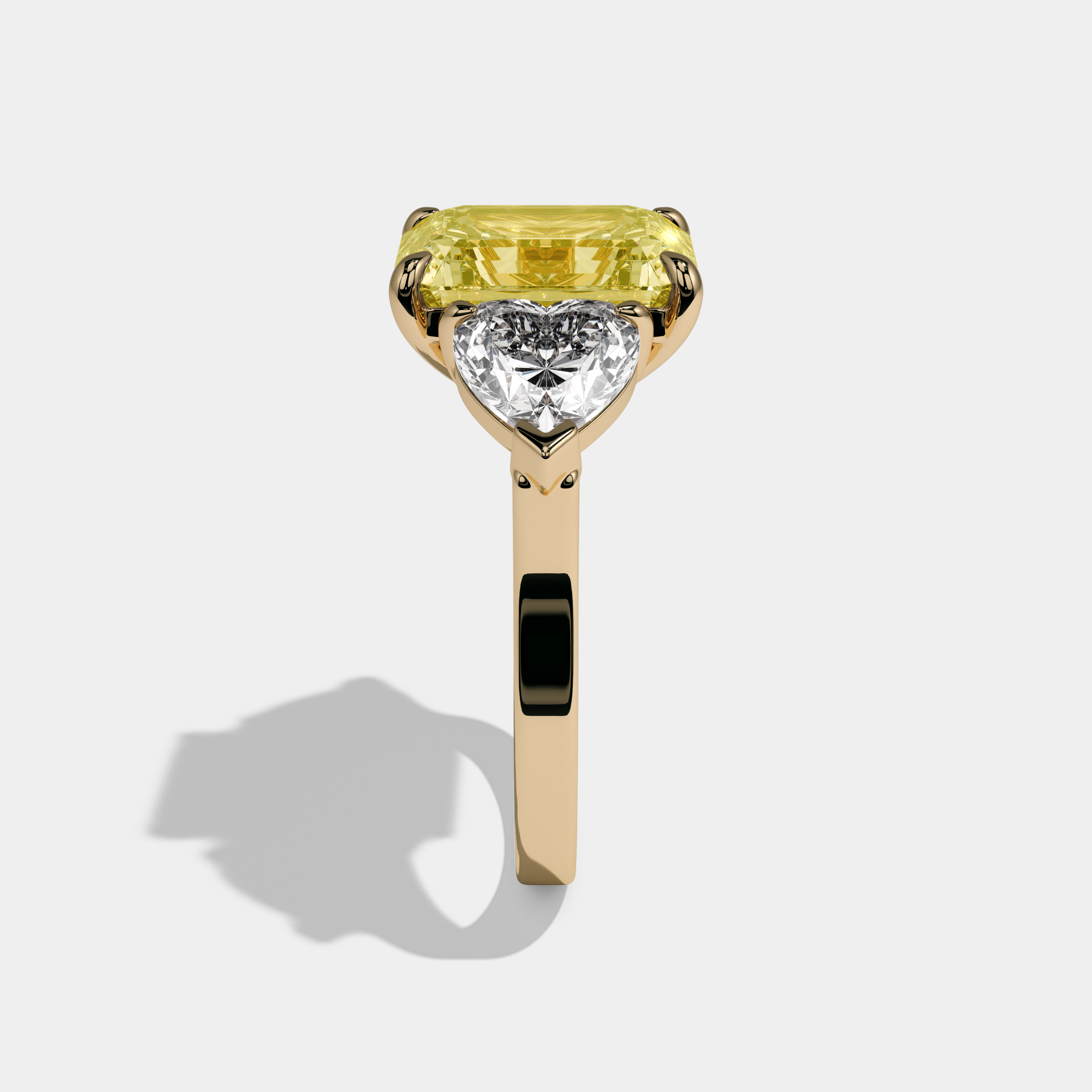 Elizabeth Fancy Yellow Emerald Cut Diamond Plain Band With Heart Brilliant Sides Engagement Ring 8ct 18k Yellow Gold