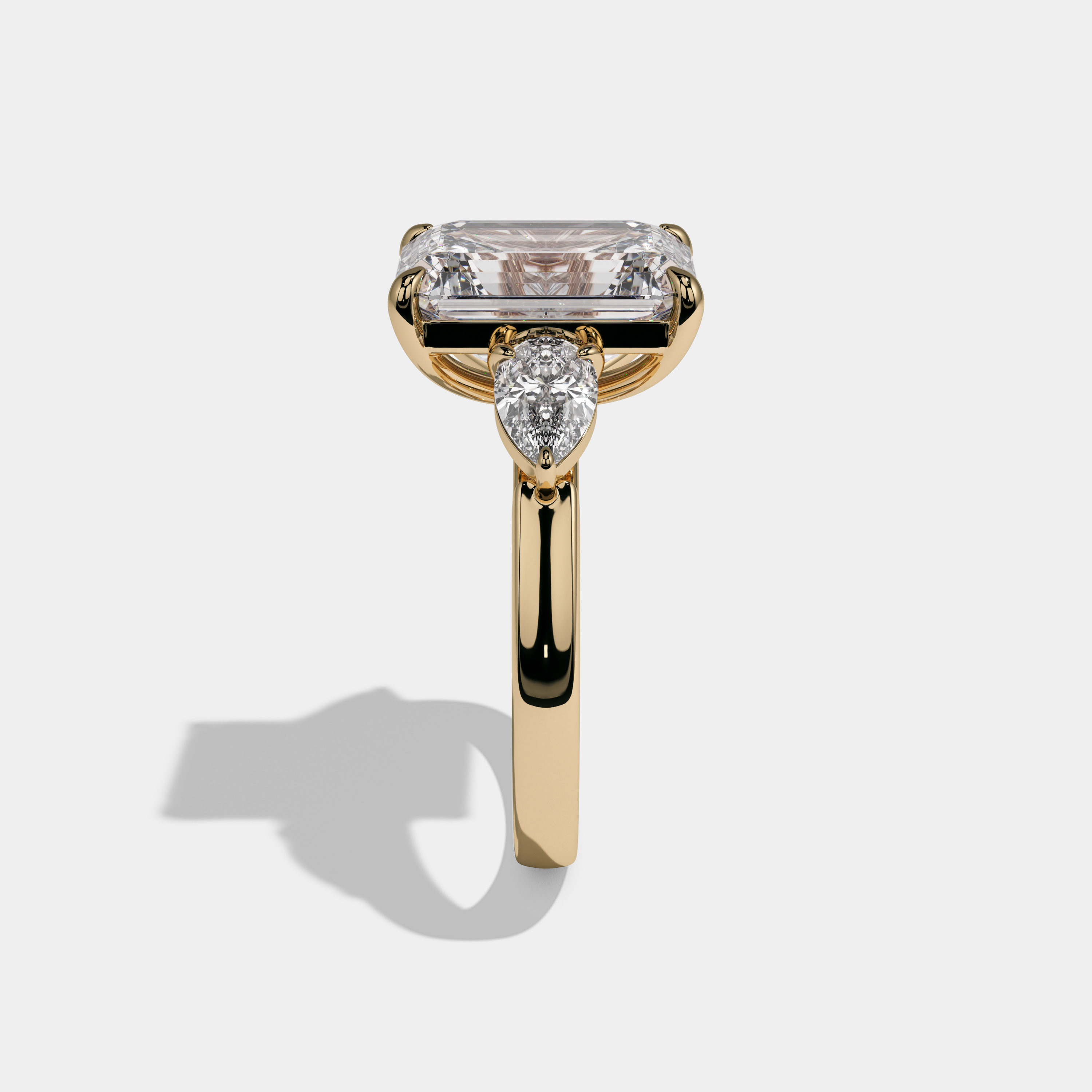 Aurelia Emerald Cut Diamond Plain Band With Pear Brilliant Sides Engagement Ring 8ct 18K Yellow Gold