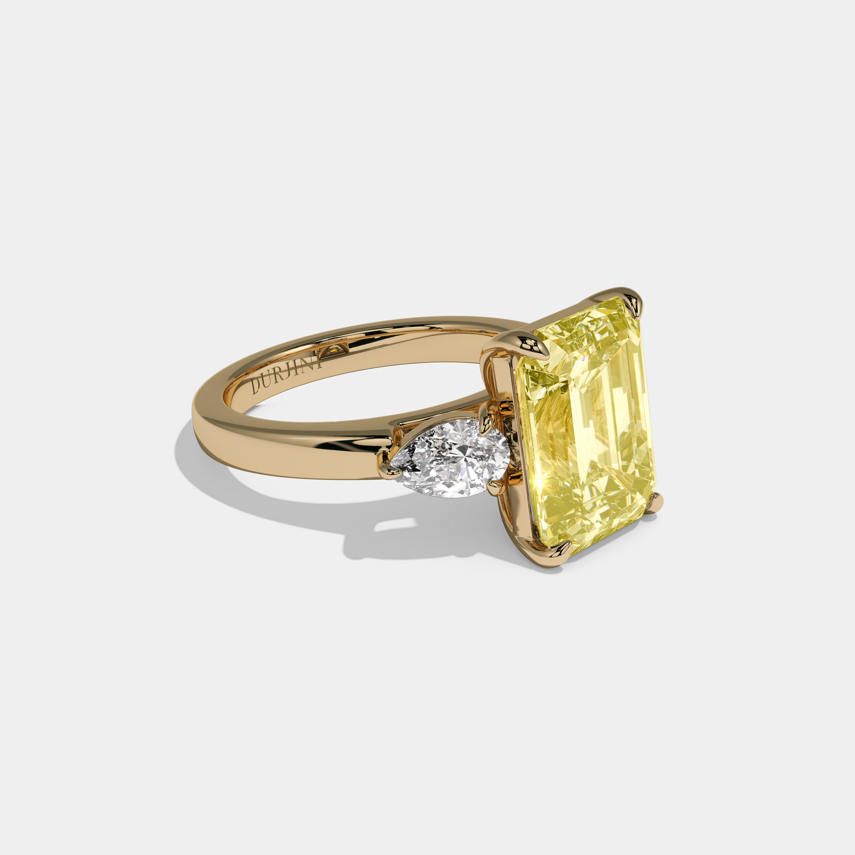 Isabella Fancy Yellow Emerald Cut Diamond Plain Band With Pear Brilliant Sides Engagement Ring 8ct 18k Yellow Gold