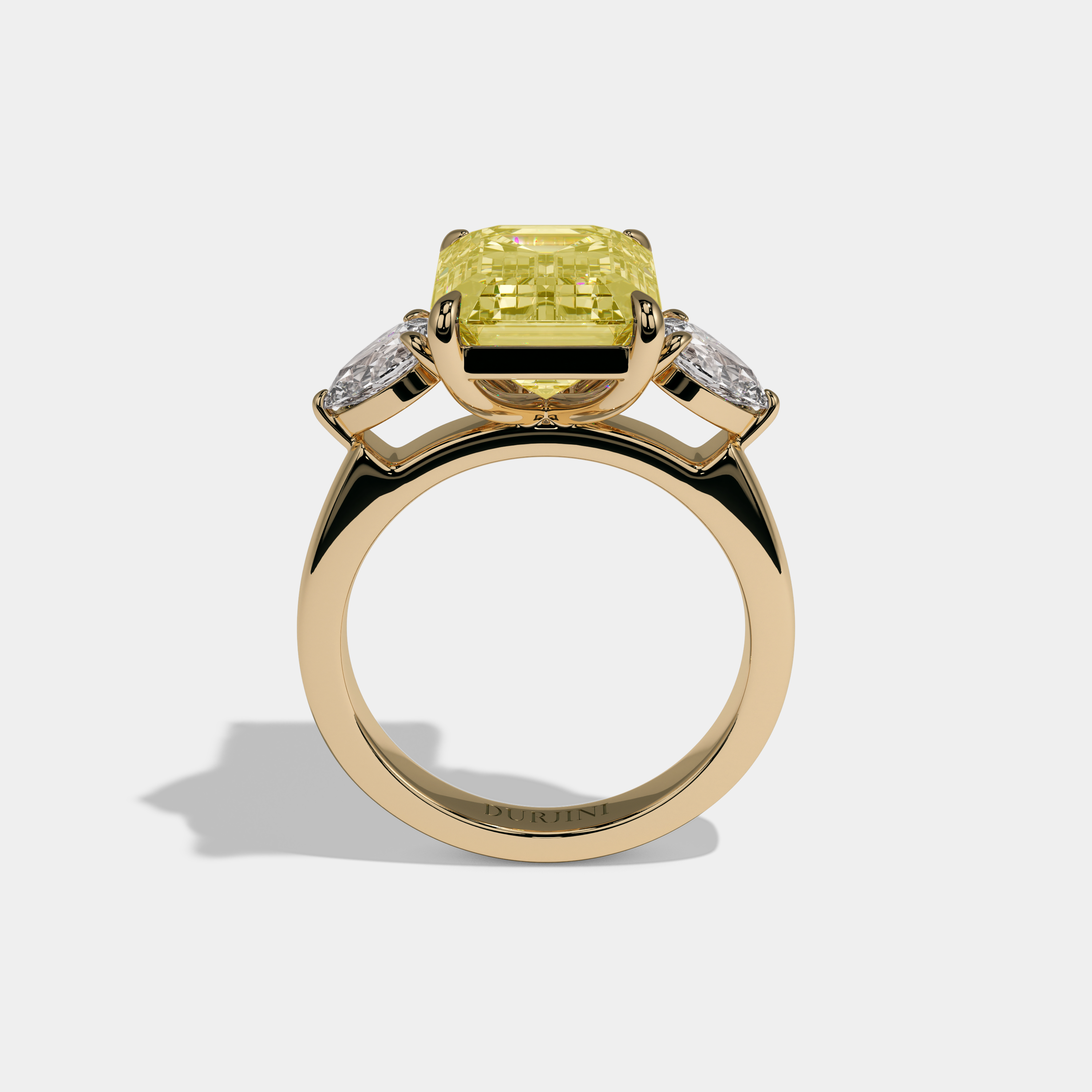Isabella Fancy Yellow Emerald Cut Diamond Plain Band With Pear Brilliant Sides Engagement Ring 8ct 18k Yellow Gold
