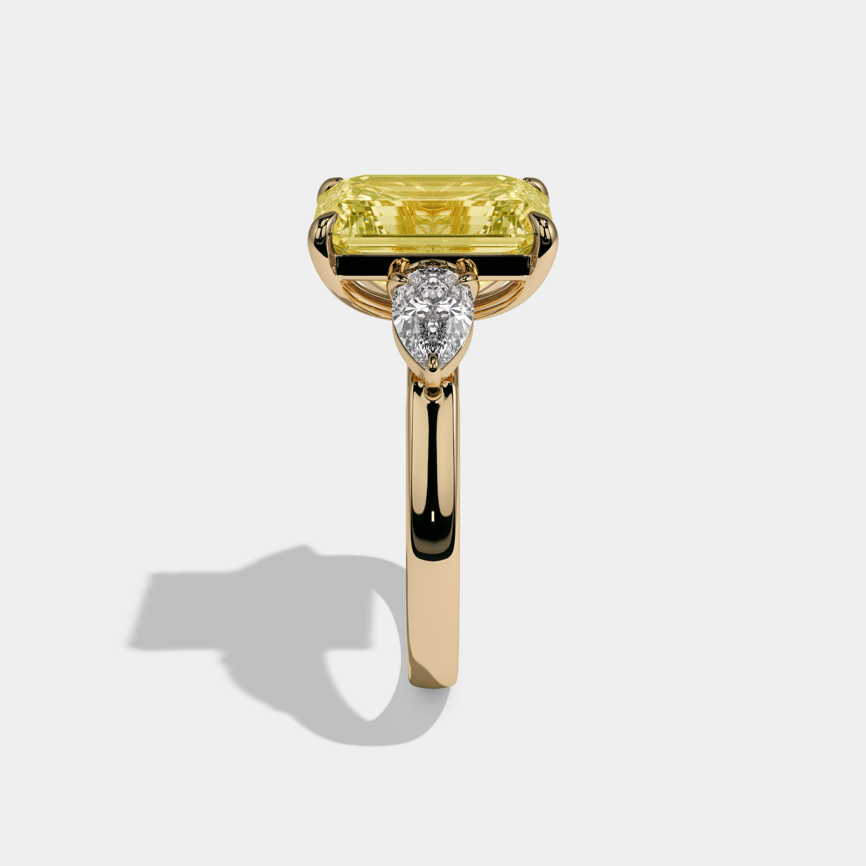 Isabella Fancy Yellow Emerald Cut Diamond Plain Band With Pear Brilliant Sides Engagement Ring 8ct 18k Yellow Gold