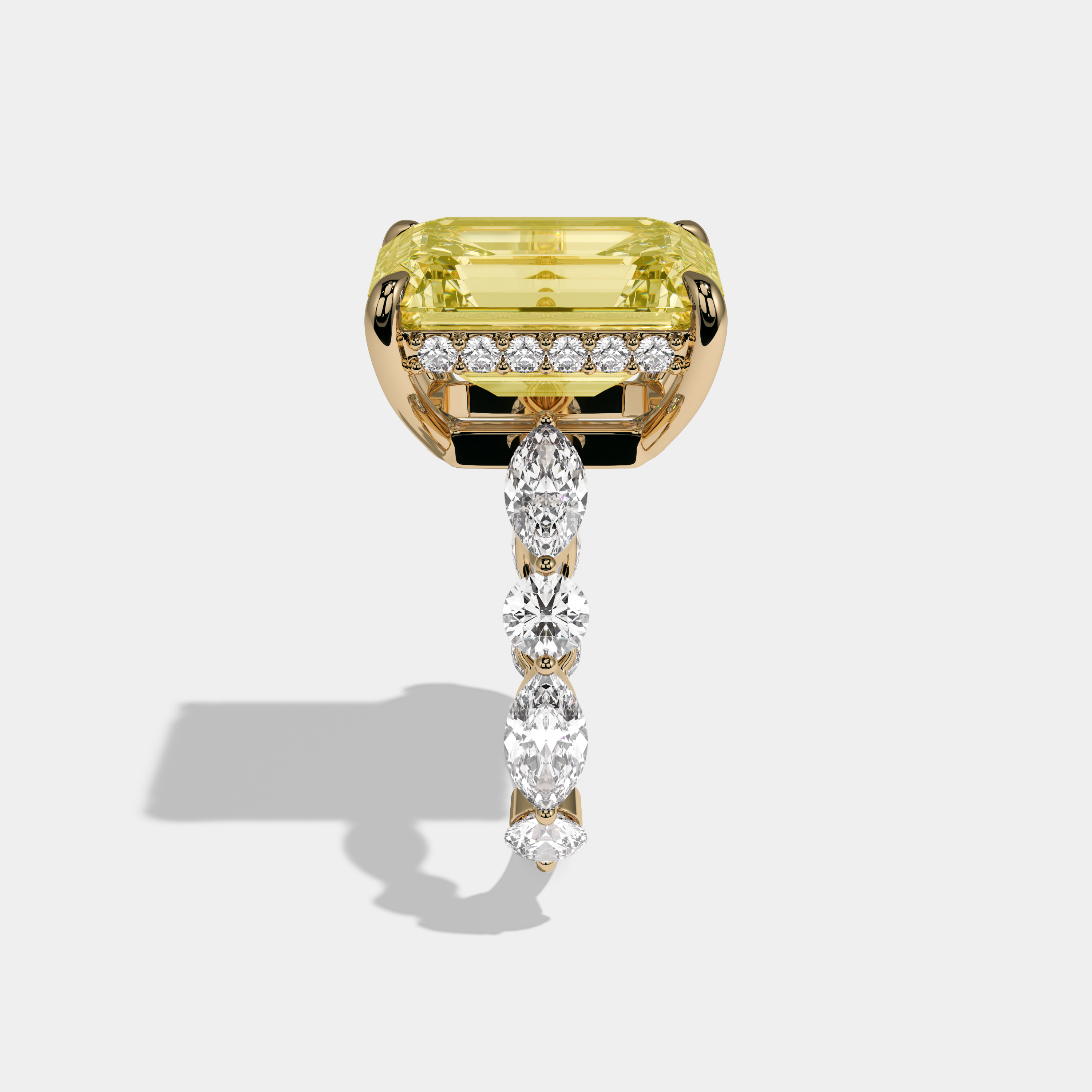 Eleanor Fancy Yellow Emerald Cut Diamond Band with Diamond Marquise Halo Engagement Ring 8ct 18K Yellow Gold