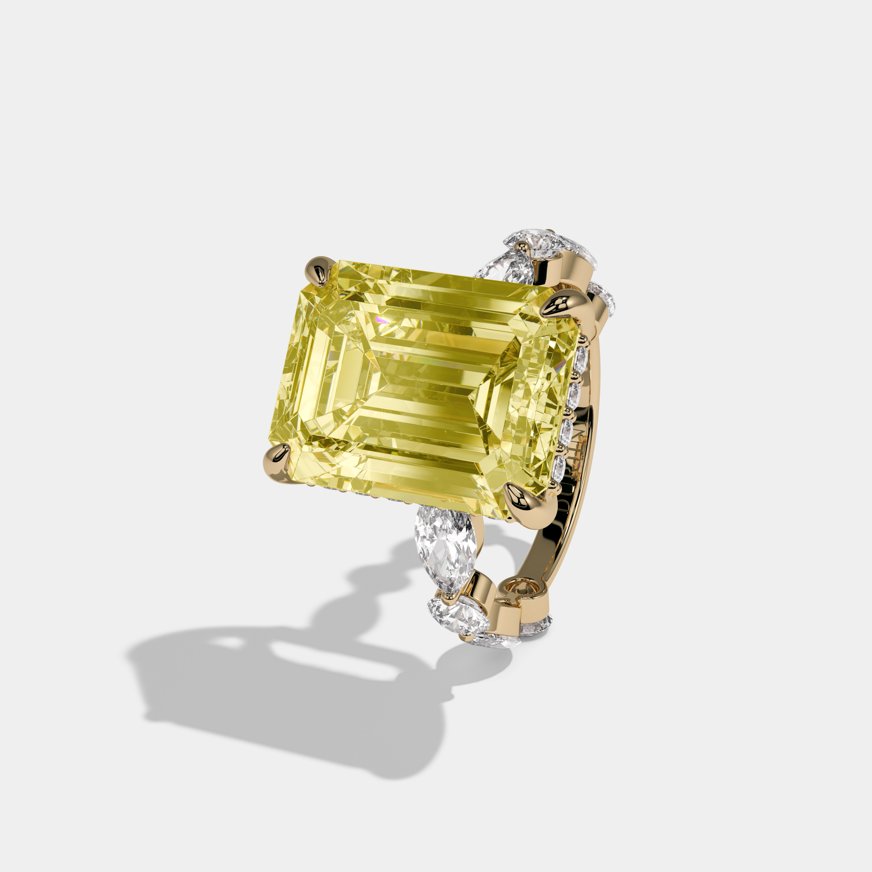 Eleanor Fancy Yellow Emerald Cut Diamond Band with Diamond Marquise Halo Engagement Ring 8ct 18K Yellow Gold