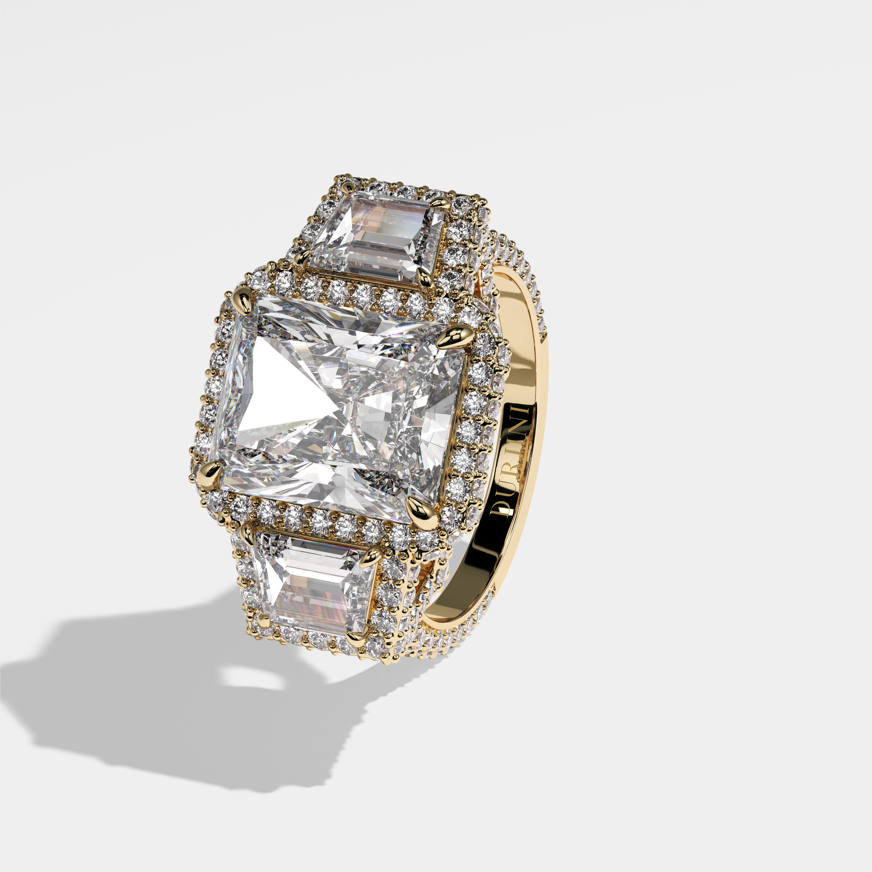 Destiny radiant halo diamond engagement ring in 18K yellow gold by Kurbãni Durjini, left view