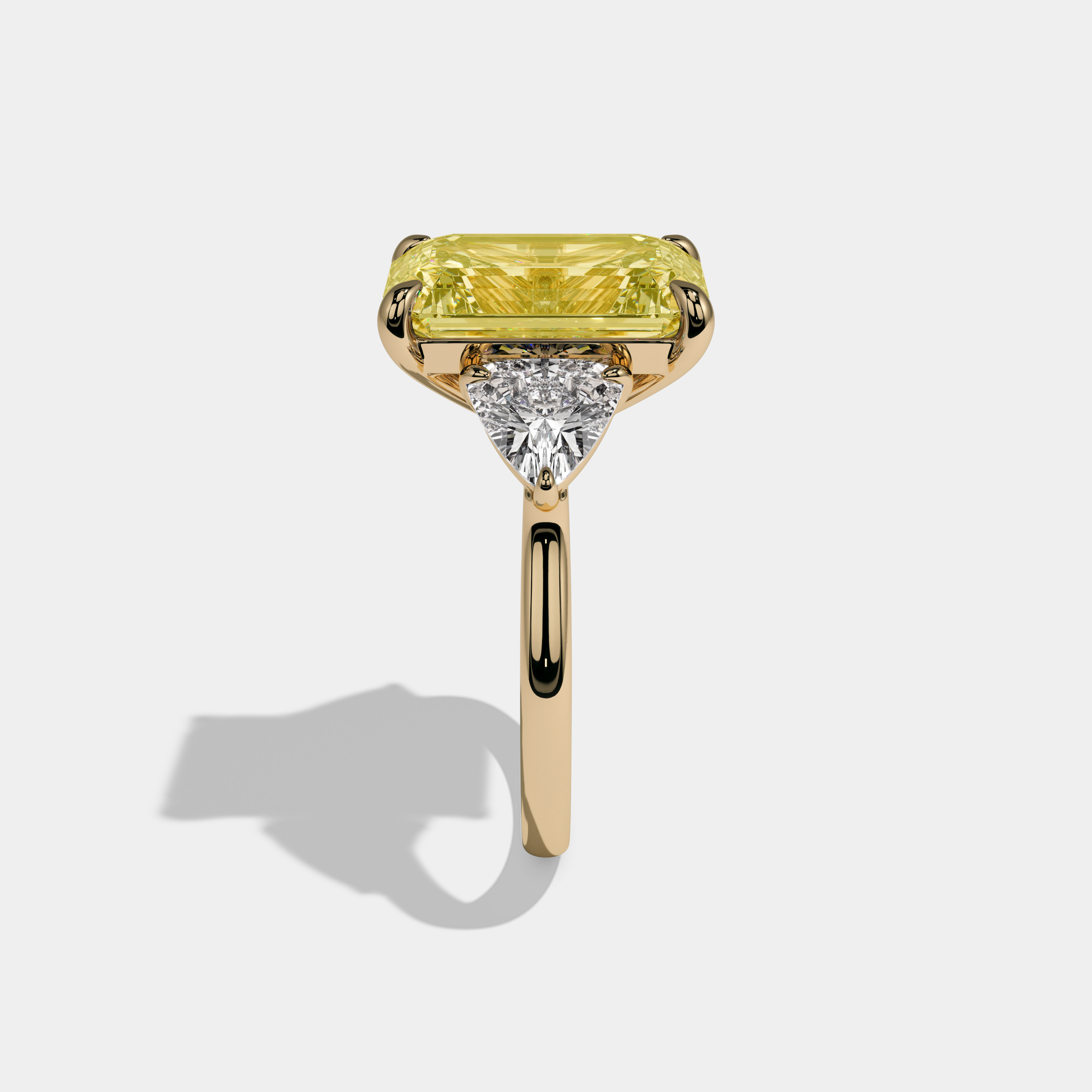 Victoria Fancy Yellow Emerald Cut Diamond Plain Band With Trillion Sides Engagement Ring 8ct 18k Yellow Gold