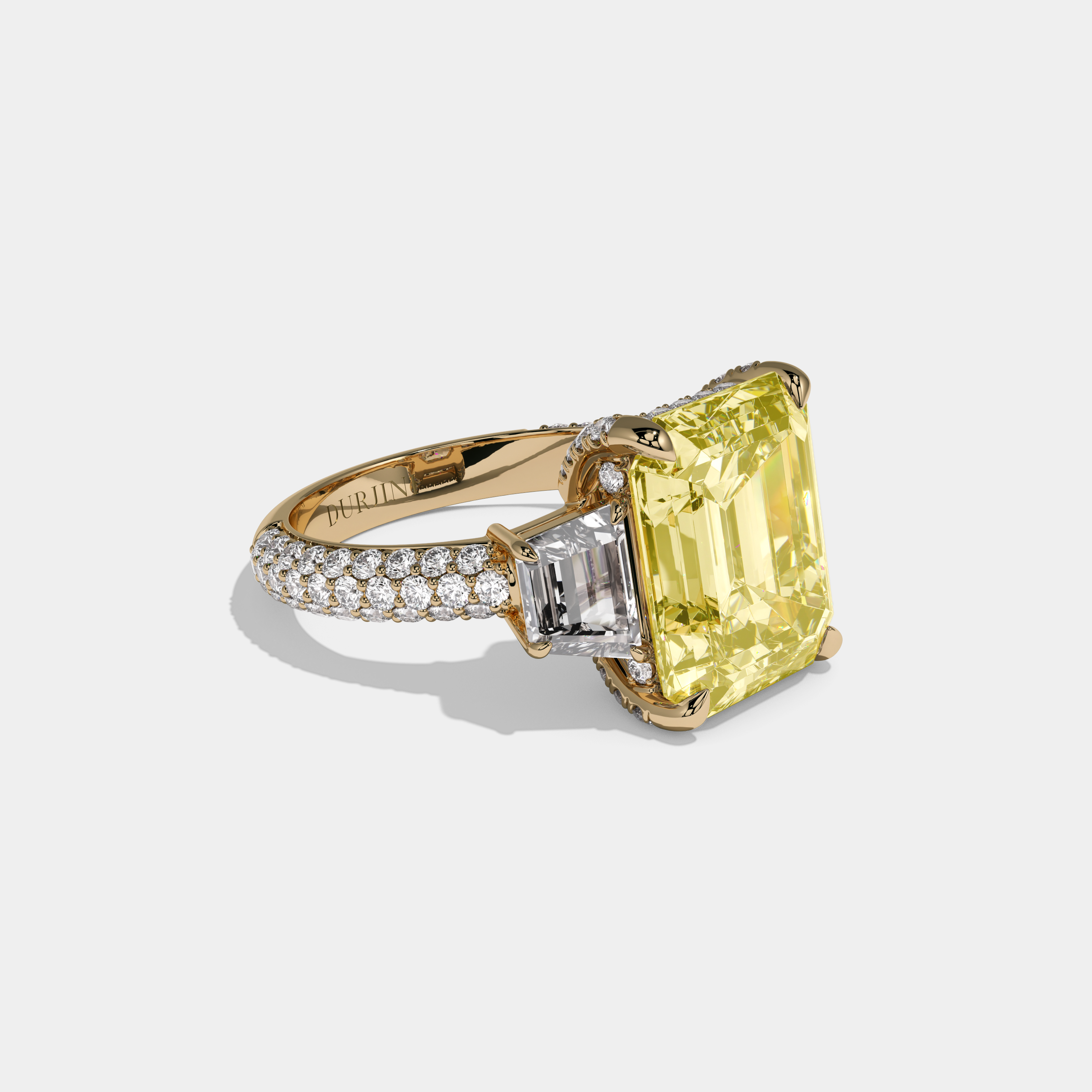 Arabella Fancy Yellow Emerald Cut Diamond Band With Quad Cut Sides Engagement Ring 12ct 18k Yellow Gold