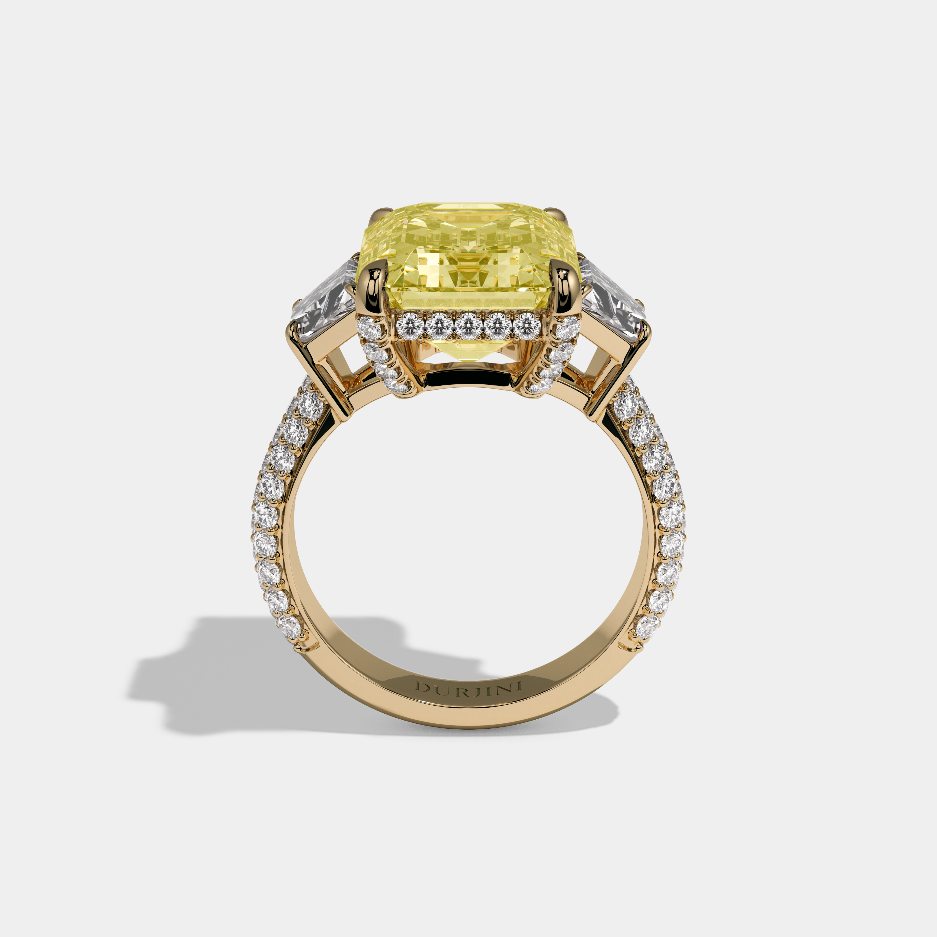 Arabella Fancy Yellow Emerald Cut Diamond Band With Quad Cut Sides Engagement Ring 12ct 18k Yellow Gold