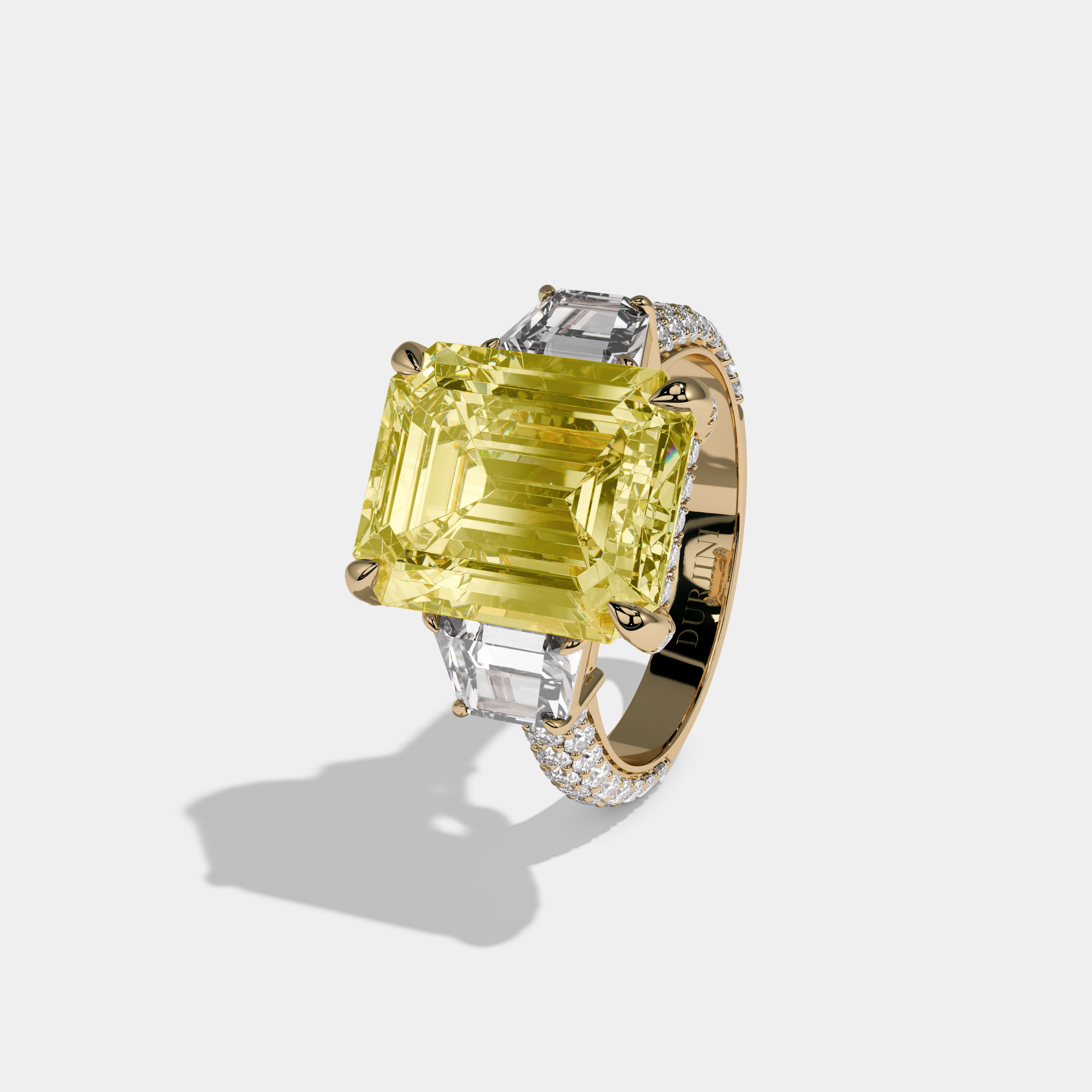 Arabella Fancy Yellow Emerald Cut Diamond Band With Quad Cut Sides Engagement Ring 12ct 18k Yellow Gold