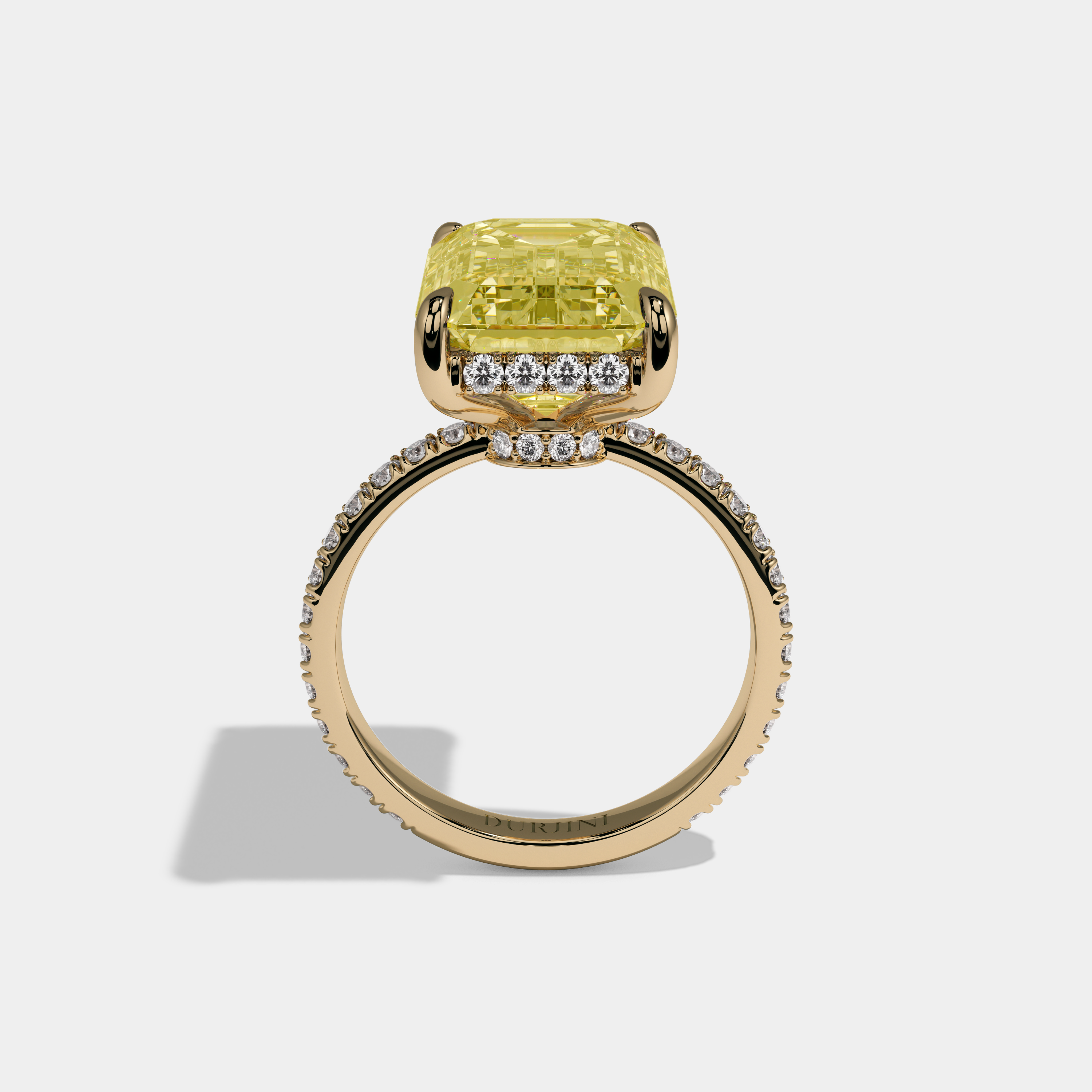 Beatrice Fancy Yellow Emerald Cut Diamond Band Hidden Halo Engagement Ring 12ct 18k Yellow Gold