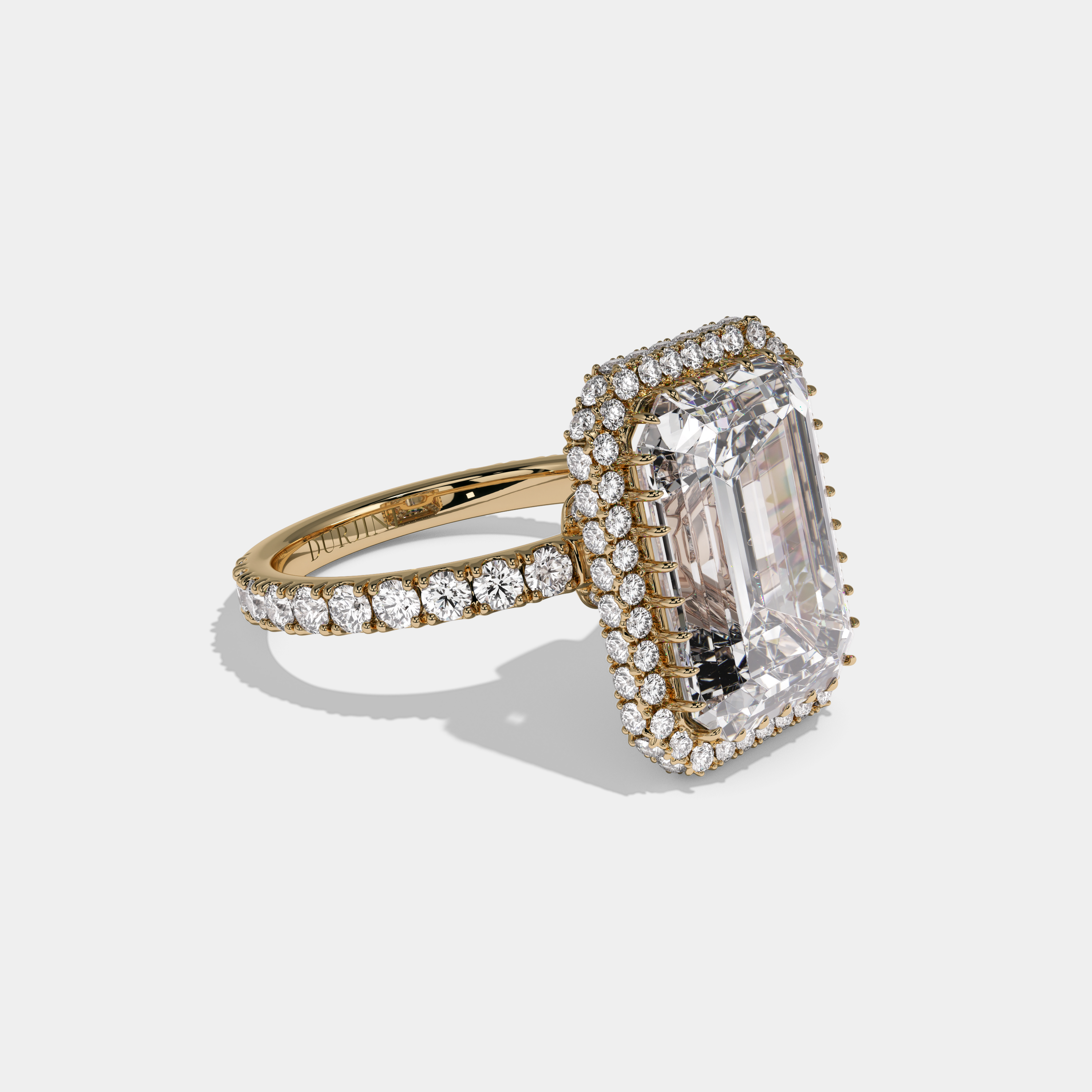 Camilla Emerald Cut Diamond Band Double Halo Engagement Ring 10ct 18k Yellow Gold