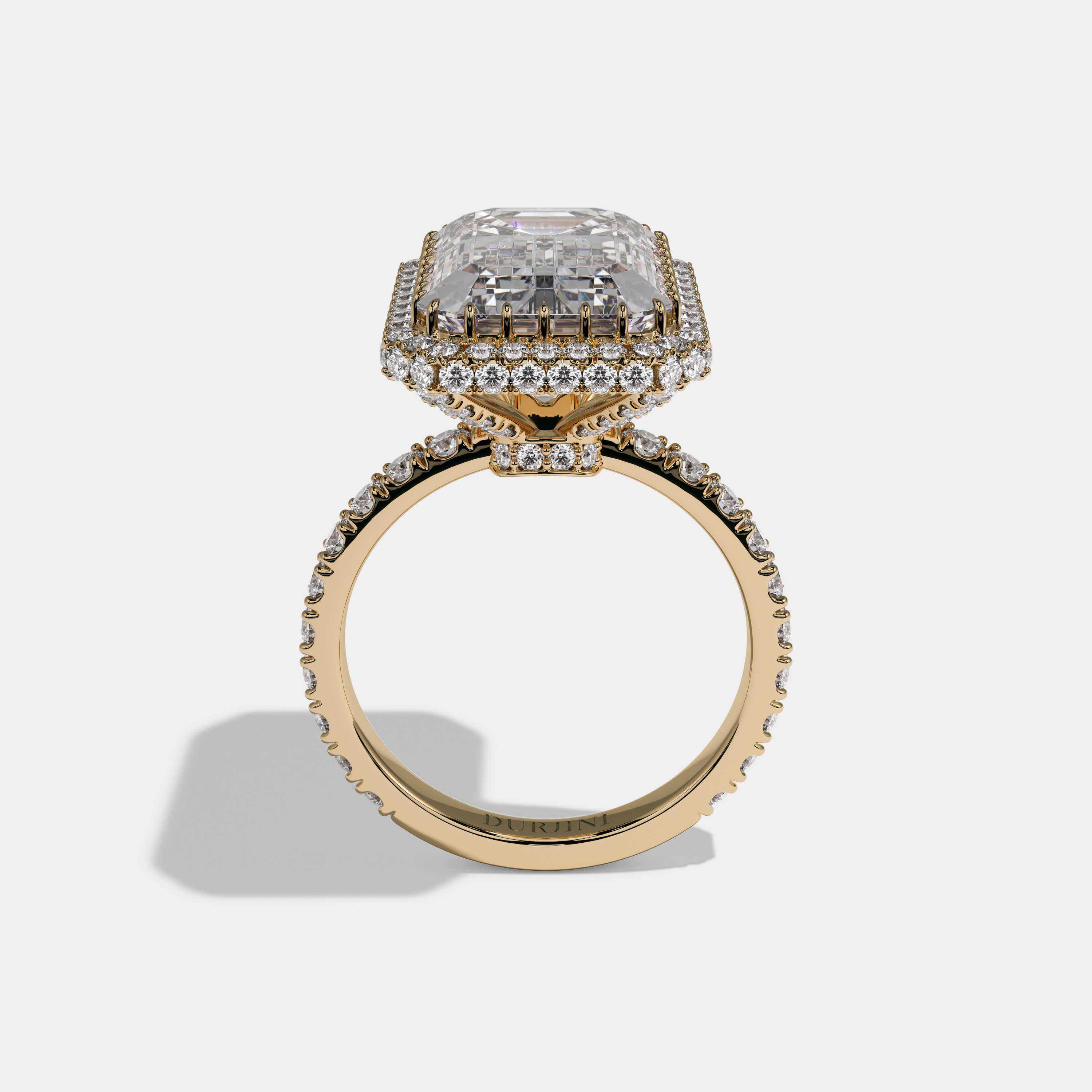 Camilla Emerald Cut Diamond Band Double Halo Engagement Ring 10ct 18k Yellow Gold