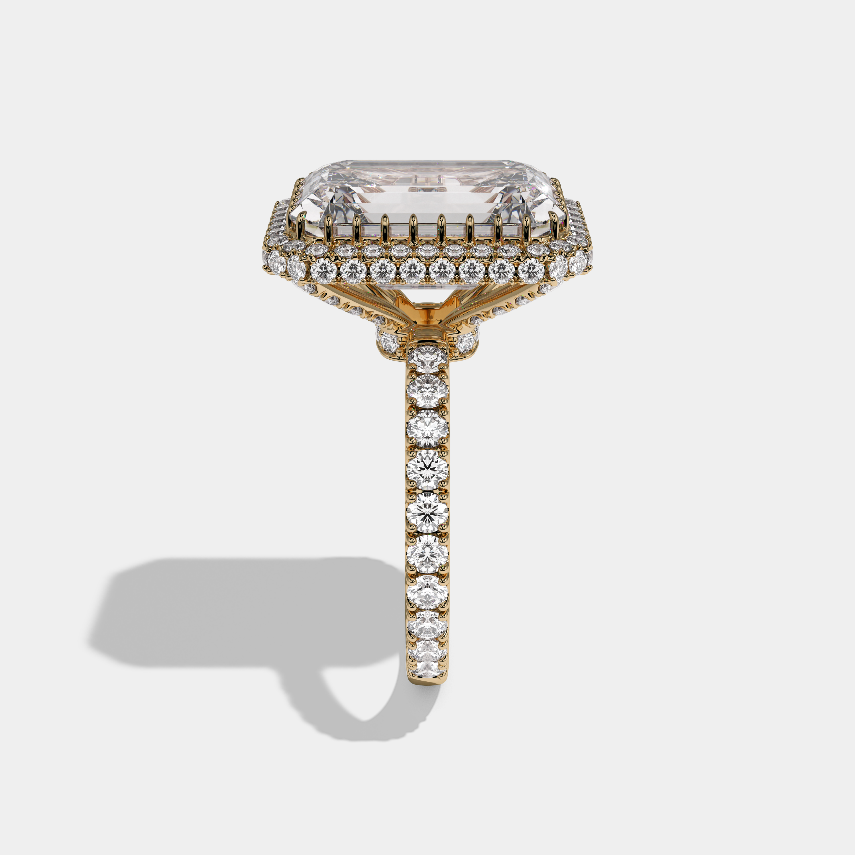 Camilla Emerald Cut Diamond Band Double Halo Engagement Ring 10ct 18k Yellow Gold