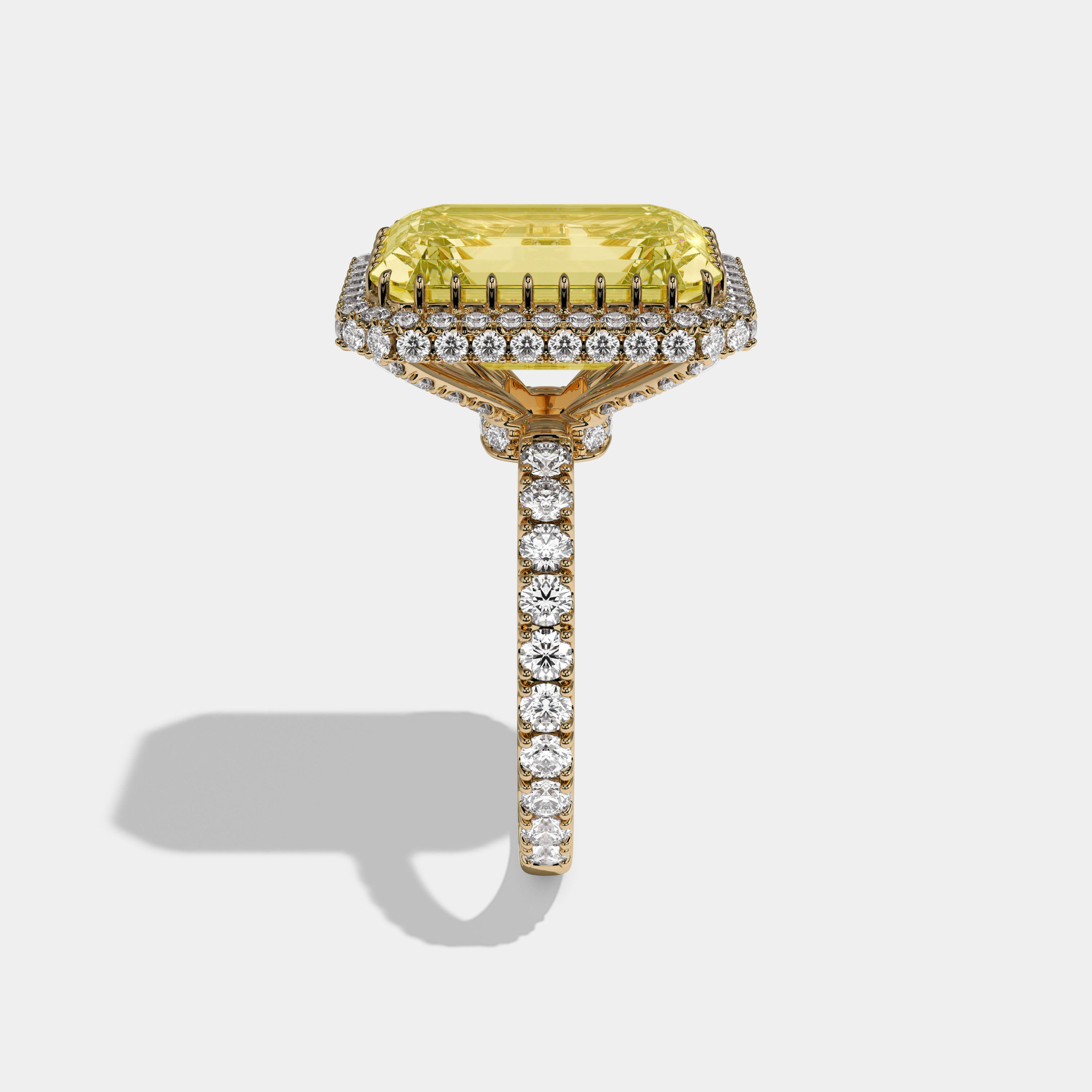 Elizabeth Fancy Yellow Emerald Cut Diamond Band Double Halo Engagement Ring 10ct 18k Yellow Gold