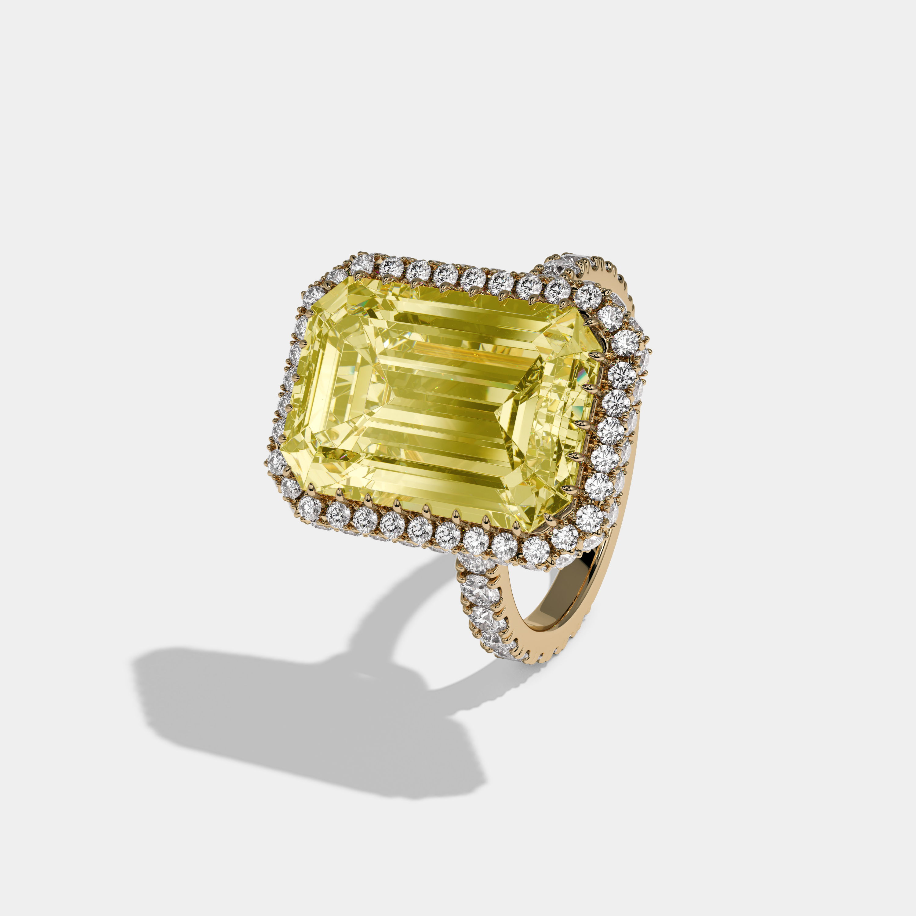 Elizabeth Fancy Yellow Emerald Cut Diamond Band Double Halo Engagement Ring 10ct 18k Yellow Gold