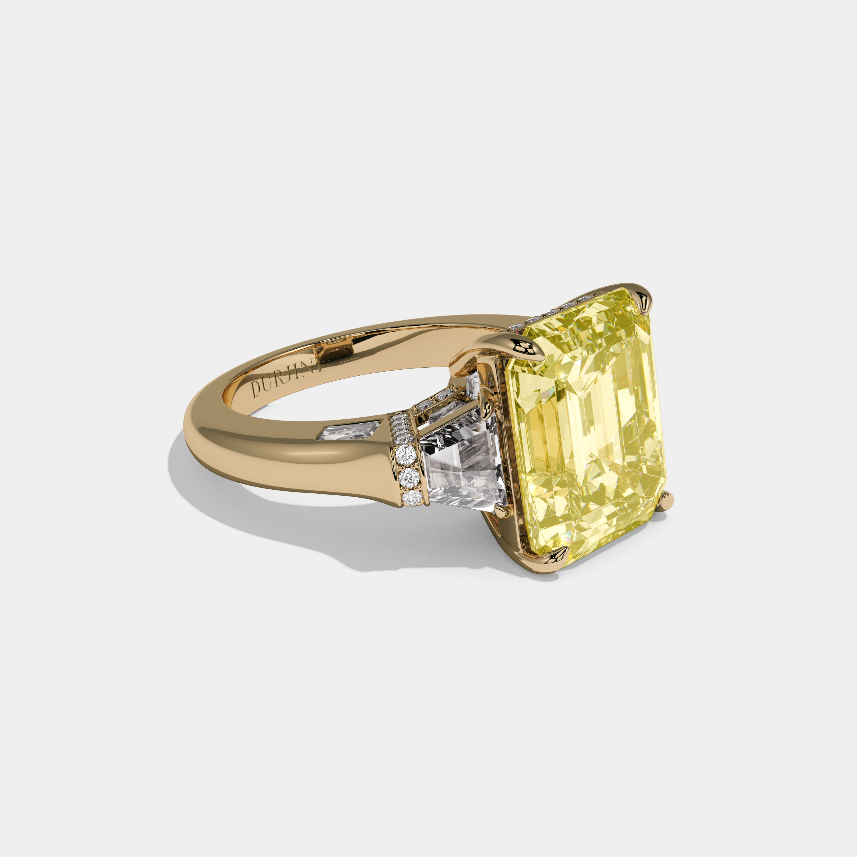 Victoria Fancy Yellow Emerald Cut Diamond Plain Band With Trapezoid Sides Engagement Ring 10ct 18k Yellow Gold