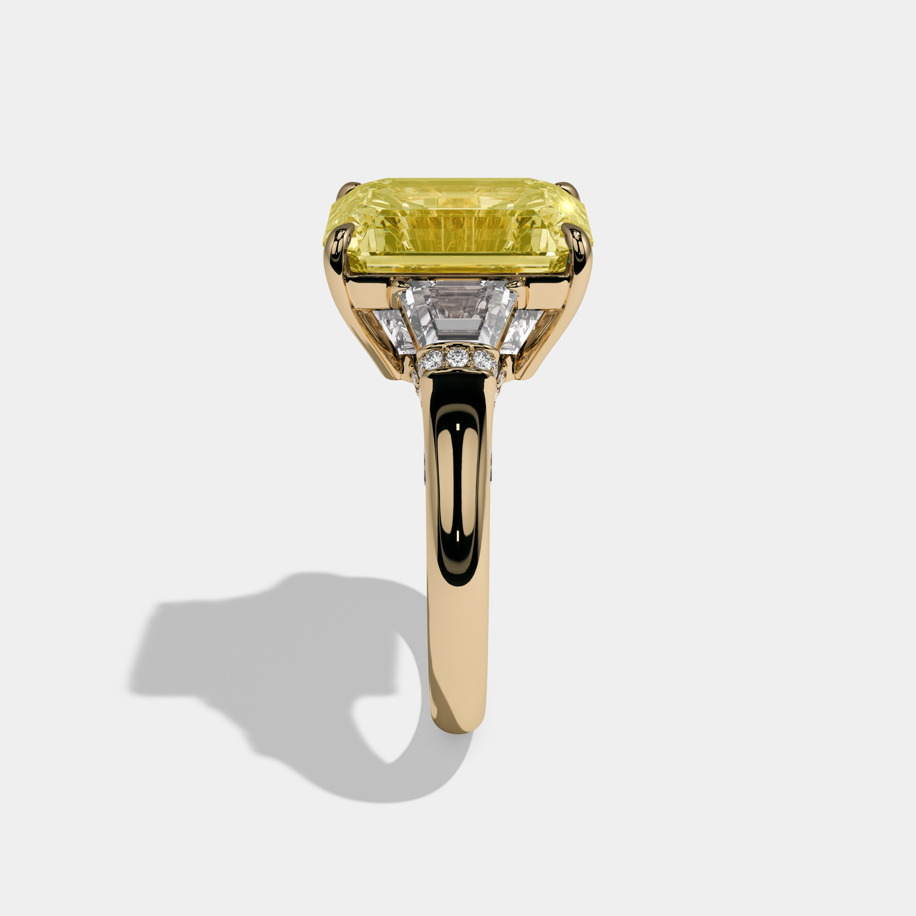 Victoria Fancy Yellow Emerald Cut Diamond Plain Band With Trapezoid Sides Engagement Ring 10ct 18k Yellow Gold