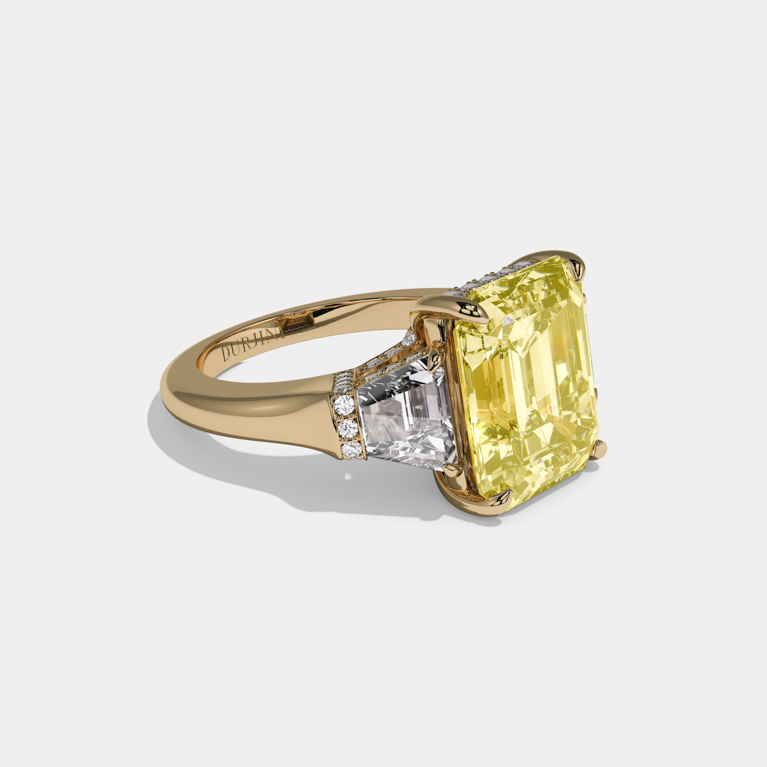 Elizabeth Fancy Yellow Emerald Cut Diamond Plain Band With Quad Cut Sides Engagement Ring 10ct 18K Yellow Gold