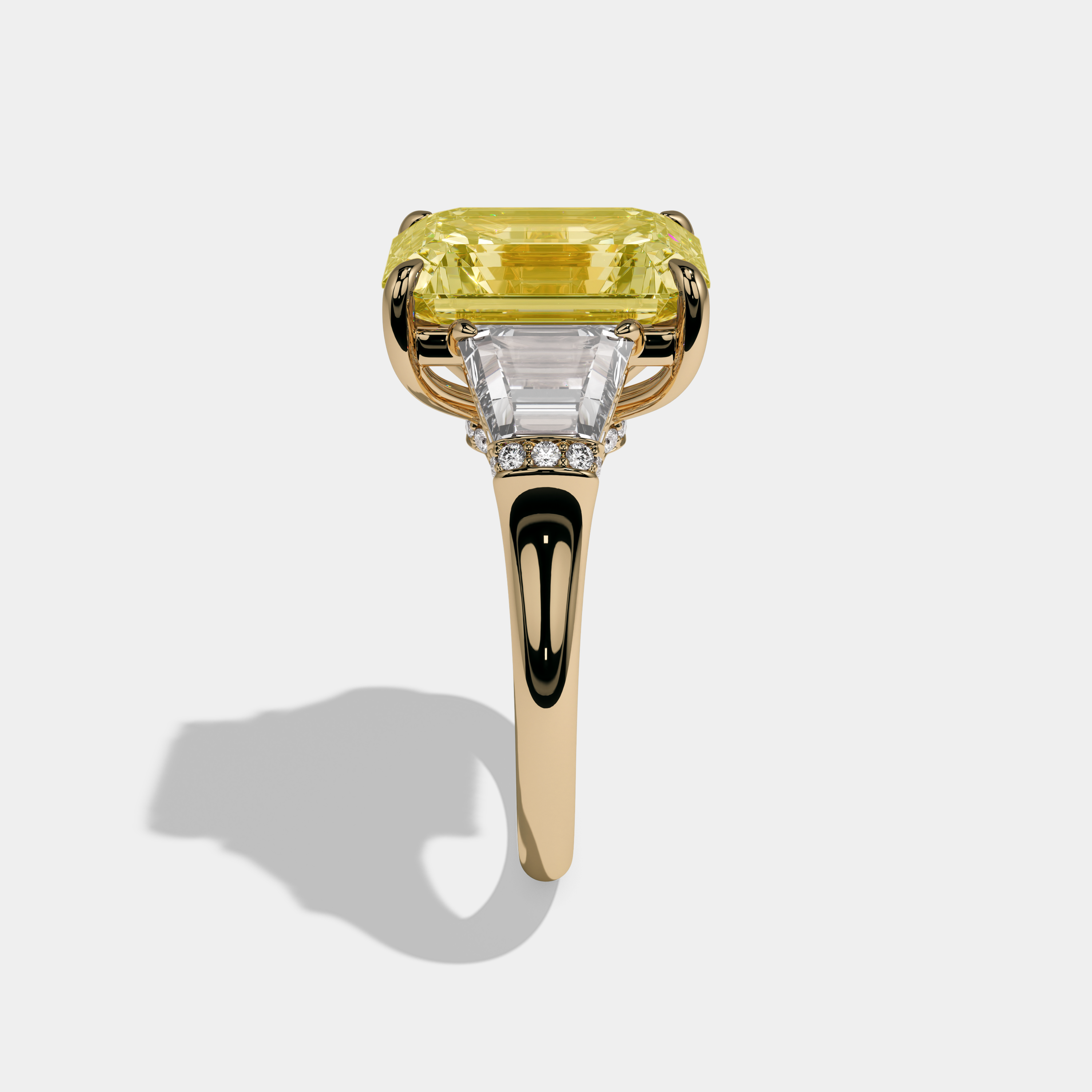 Elizabeth Fancy Yellow Emerald Cut Diamond Plain Band With Quad Cut Sides Engagement Ring 10ct 18K Yellow Gold