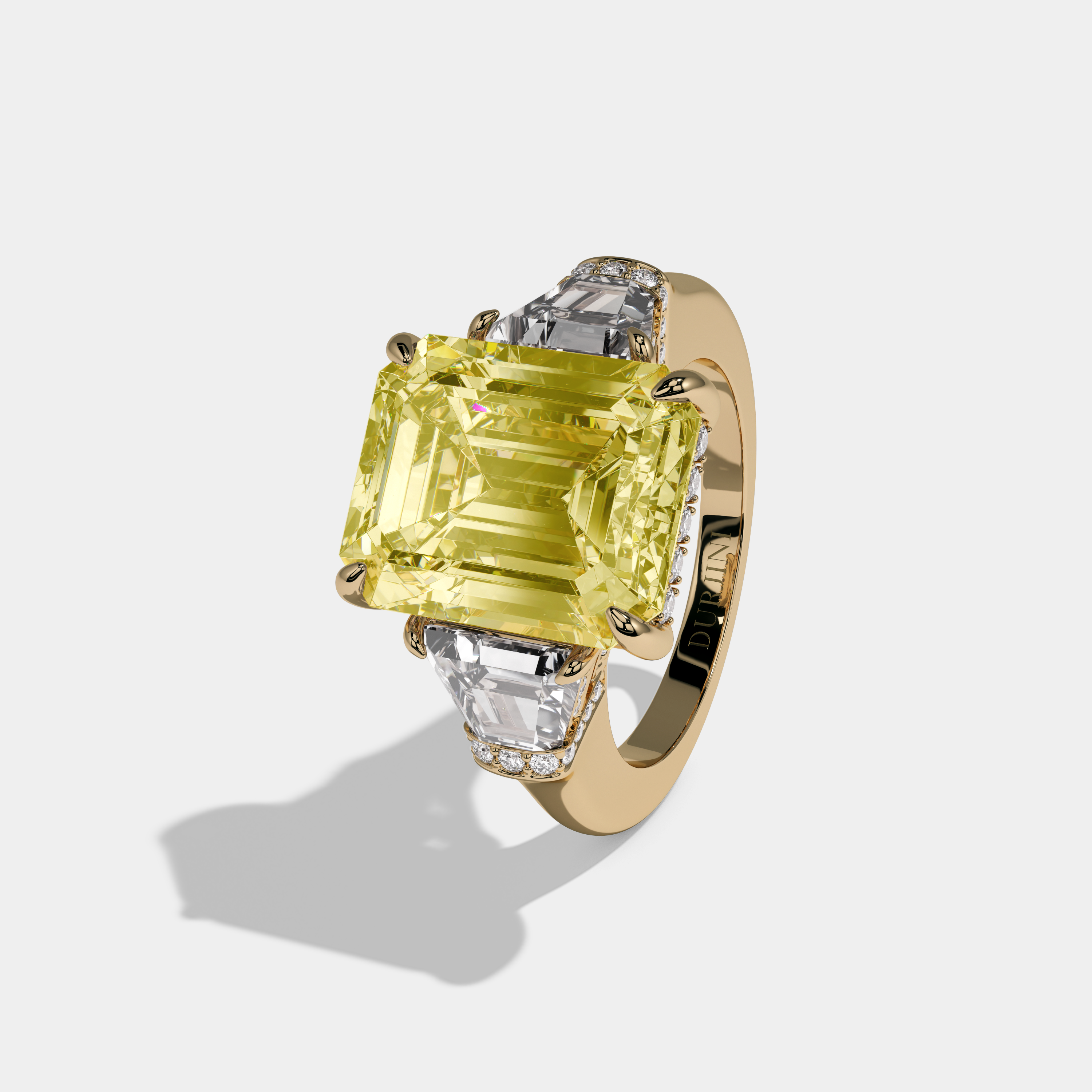 Elizabeth Fancy Yellow Emerald Cut Diamond Plain Band With Quad Cut Sides Engagement Ring 10ct 18K Yellow Gold
