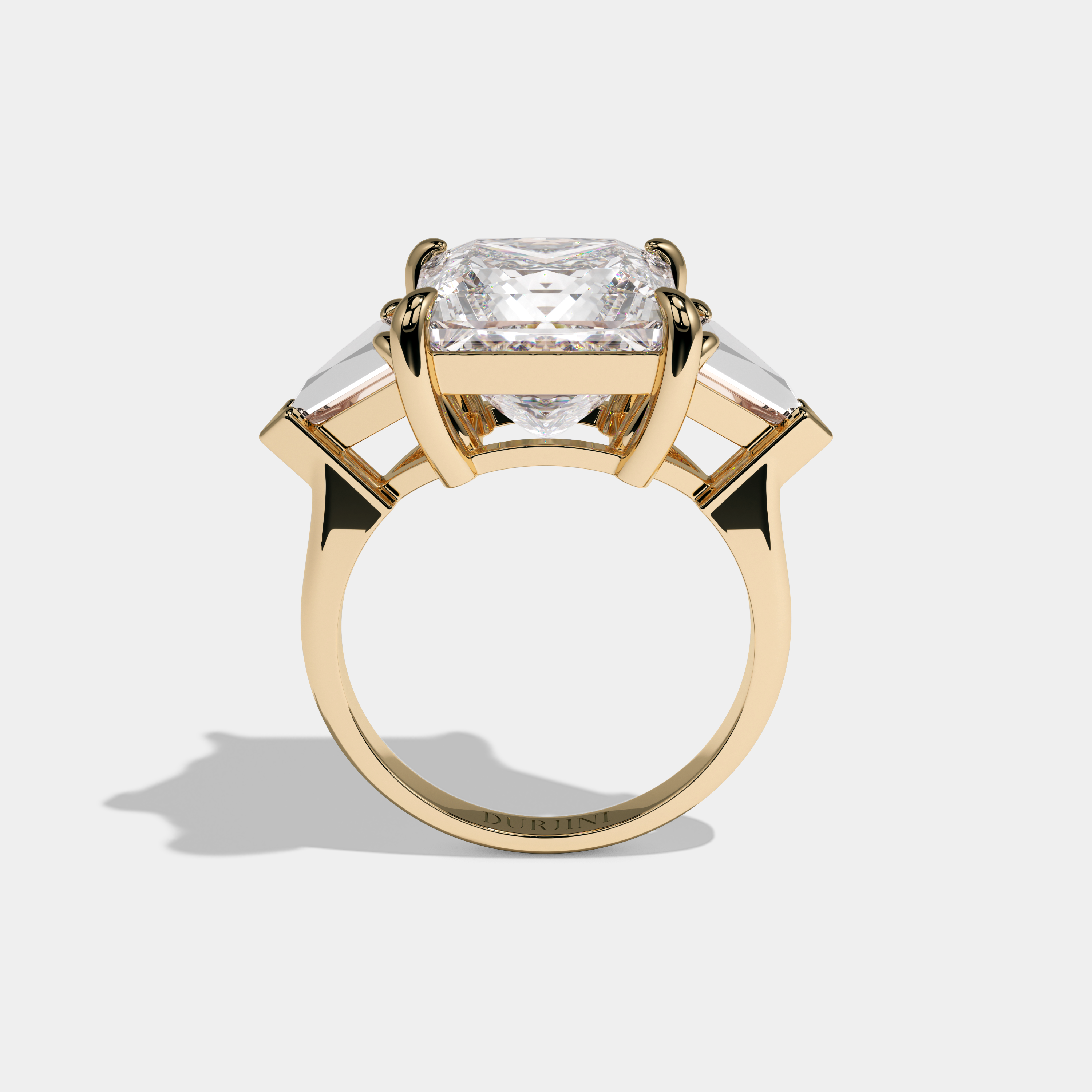 Elizabeth Princess Cut Three Diamond Halo Plain Band Engagement Ring 10ct 18k Yellow Gold