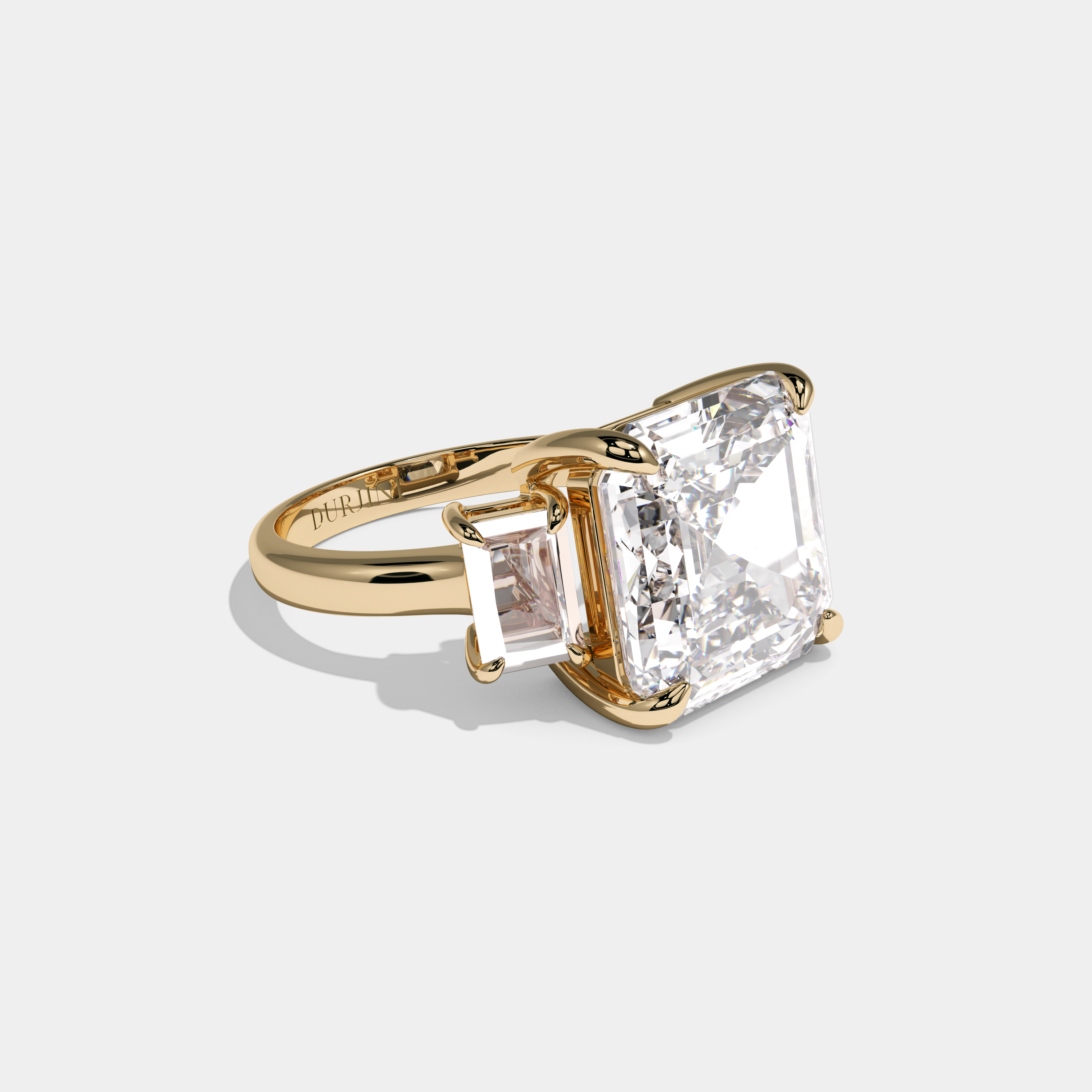 Victoria Asscher Cut Diamond with Emerald Sides Plain Band Engagement Ring 10ct 18k Yellow Gold
