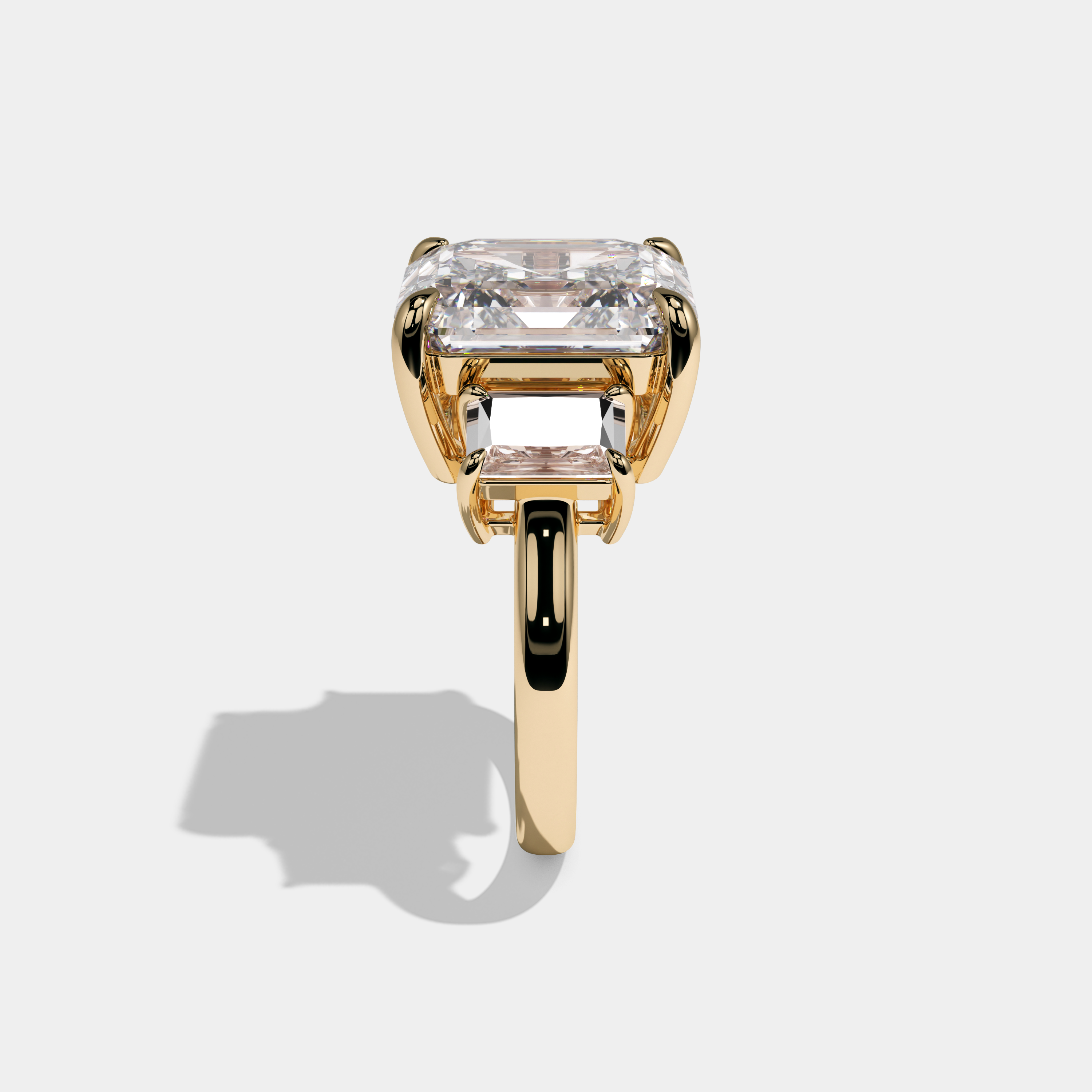 Victoria Asscher Cut Diamond with Emerald Sides Plain Band Engagement Ring 10ct 18k Yellow Gold