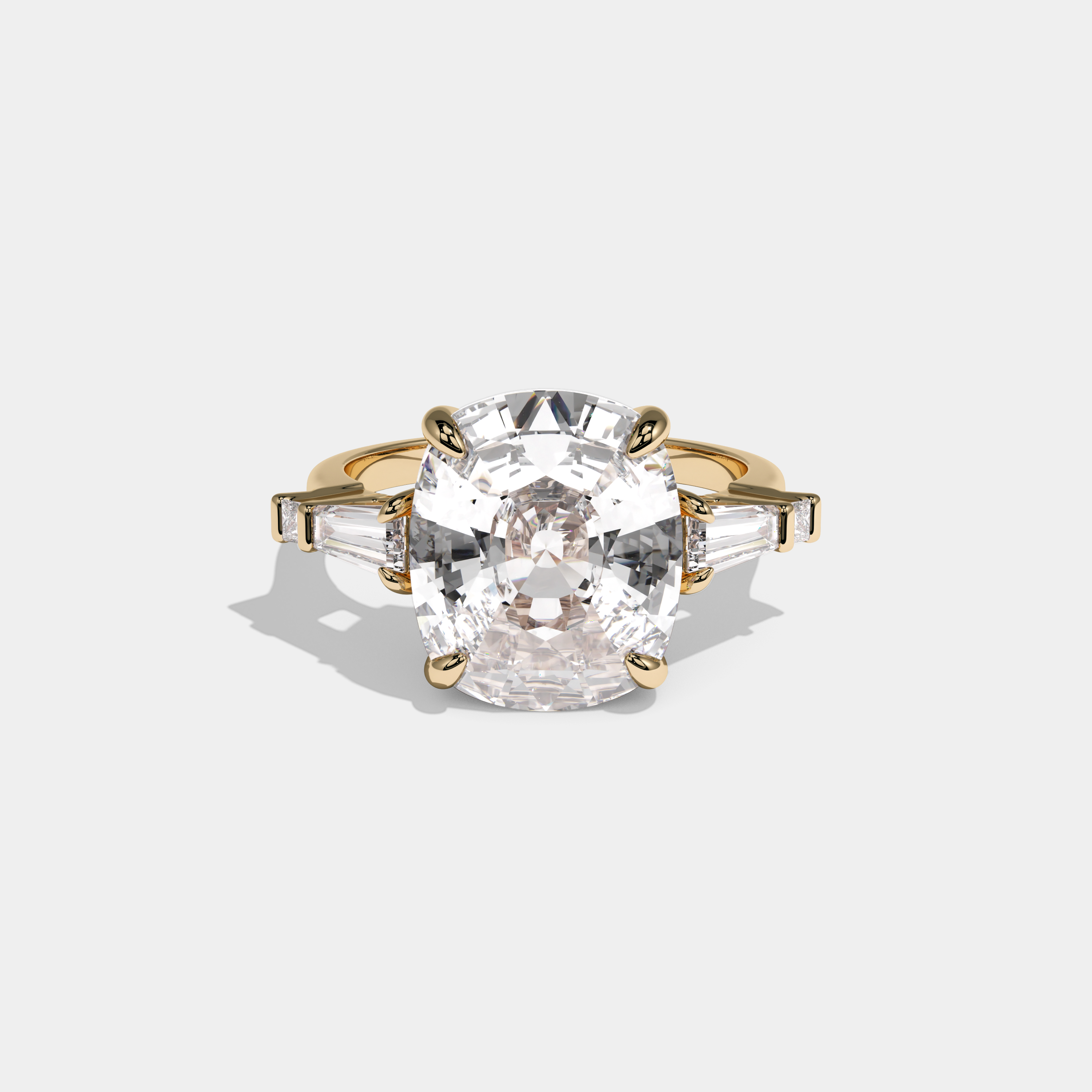 Elizabeth Cushion Brilliant Cut Diamond With Baguette Sides Plain Band Engagement Ring 10ct 18k Yellow Gold