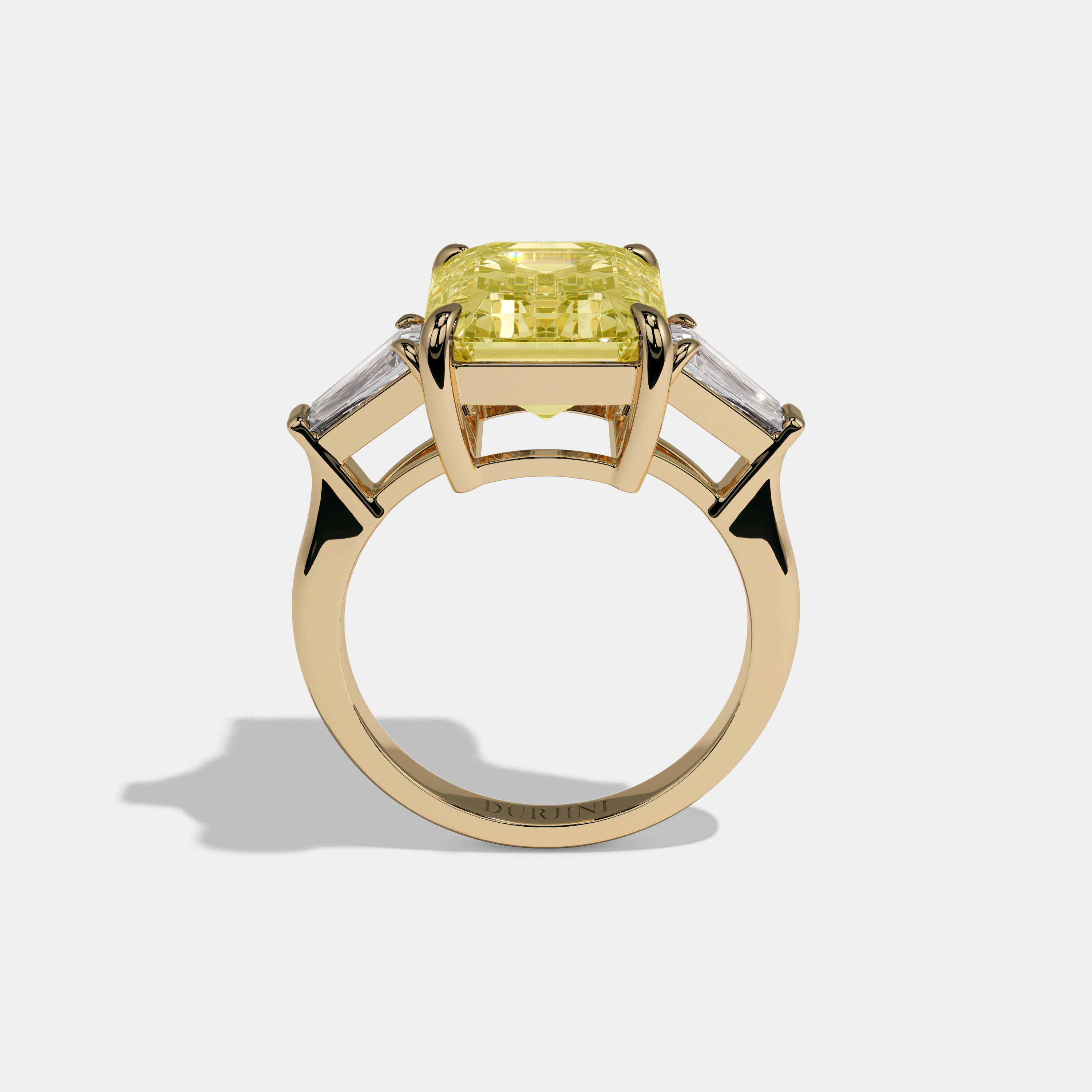 Diana Fancy Yellow Emerald Cut Diamond Plain Band With Tapered Baguette Cut Sides Engagement Ring 8ct 18K Yellow Gold
